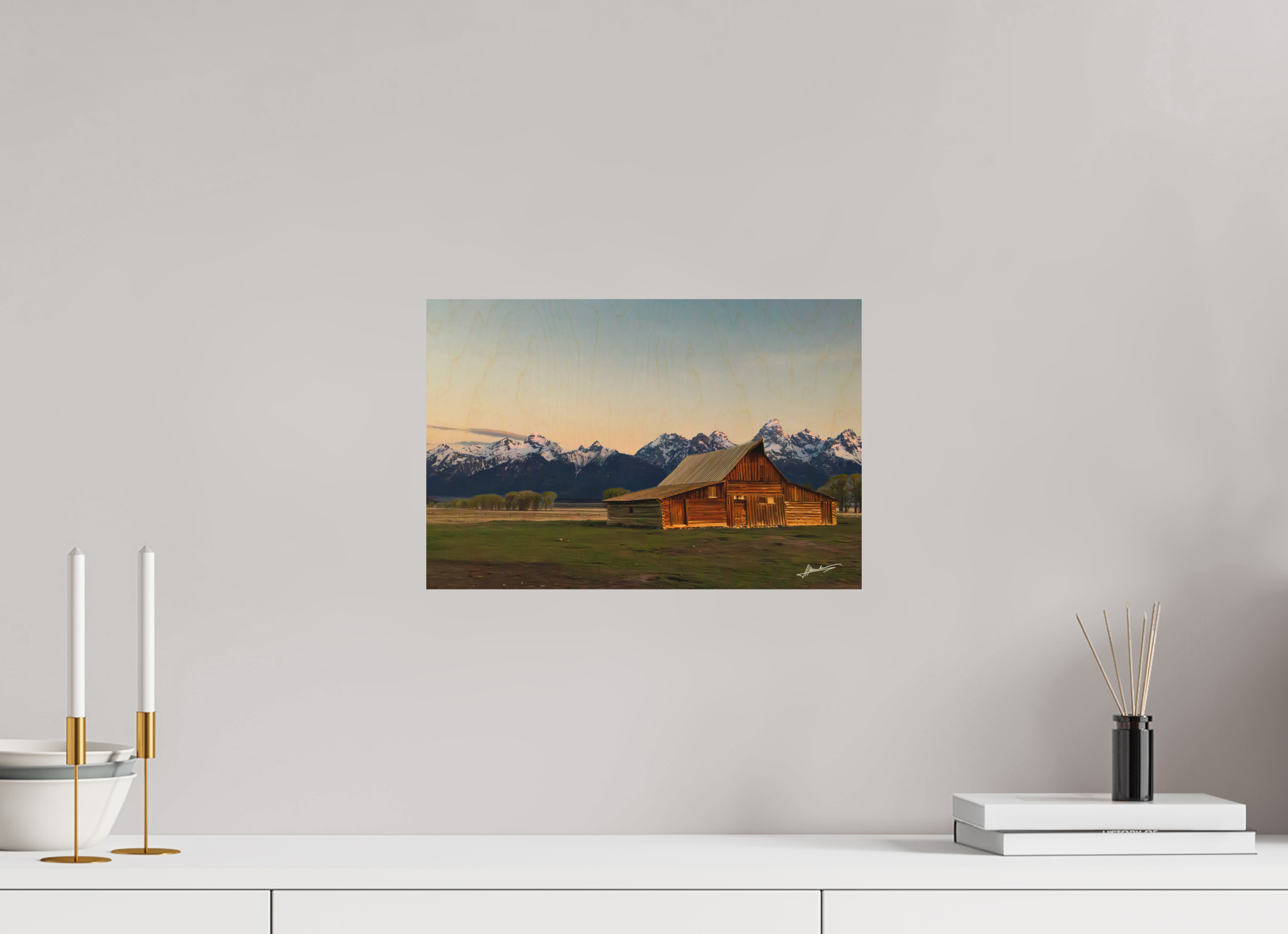 15 x 10″, Direct Photo Print on Wood Sunrise on the T.A. Barn