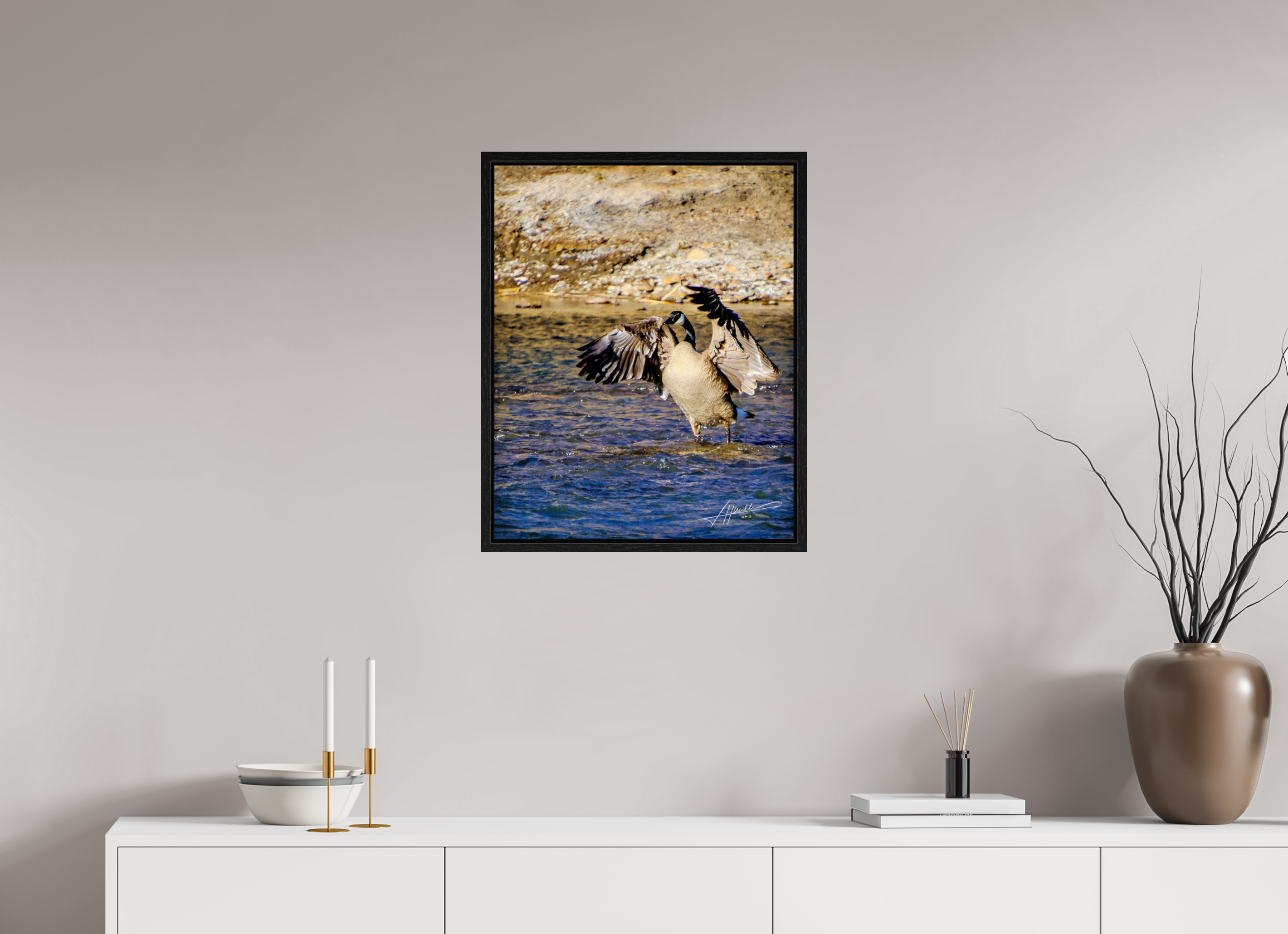 20 x 25″, Floater Frame The Bathing Goose