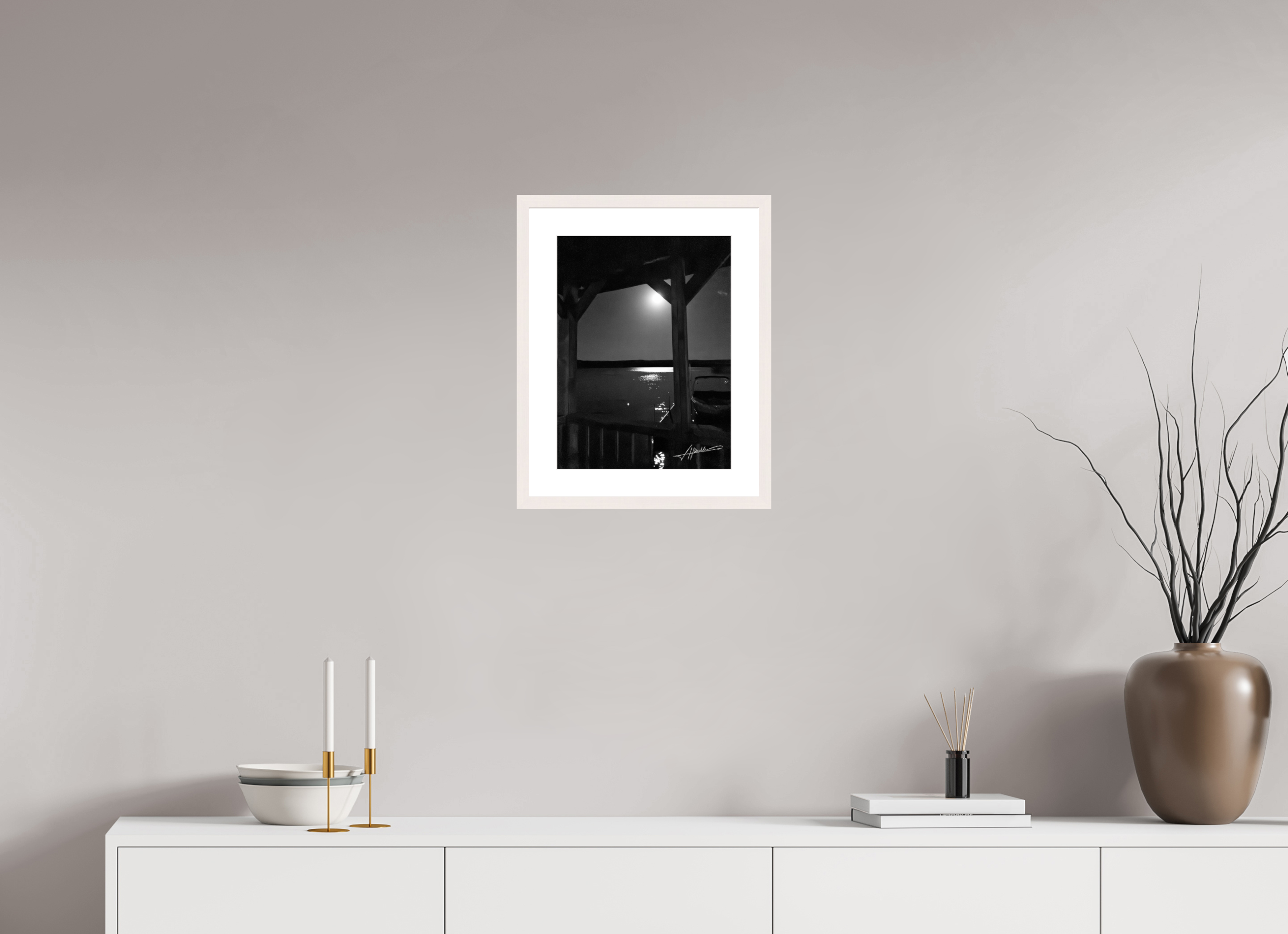 12 x 16″, Solid Wood Frame with Passe-partout A Night on the Water