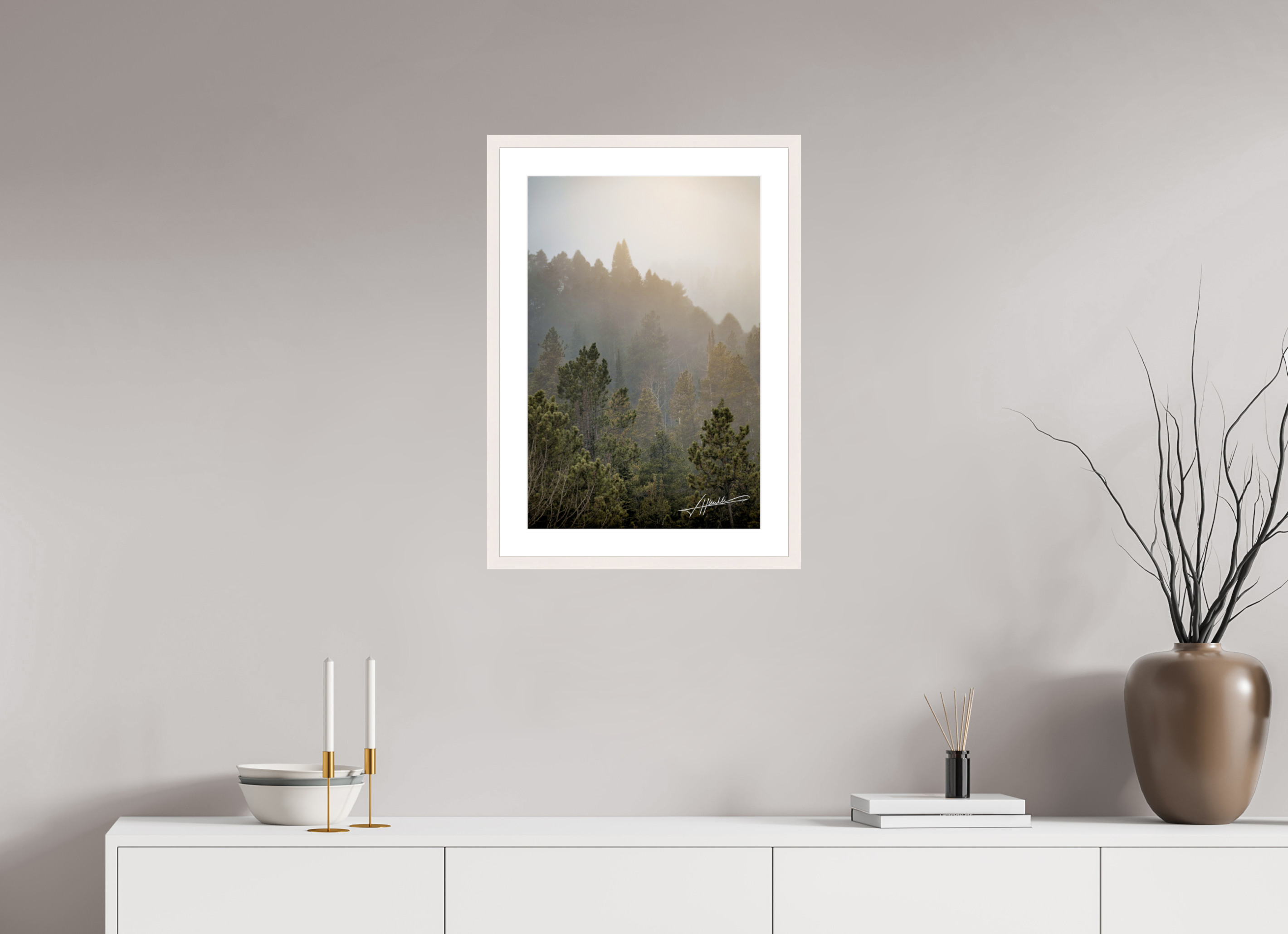 16 x 24″, Solid Wood Frame with Passe-partout Glowing Mountain Fog