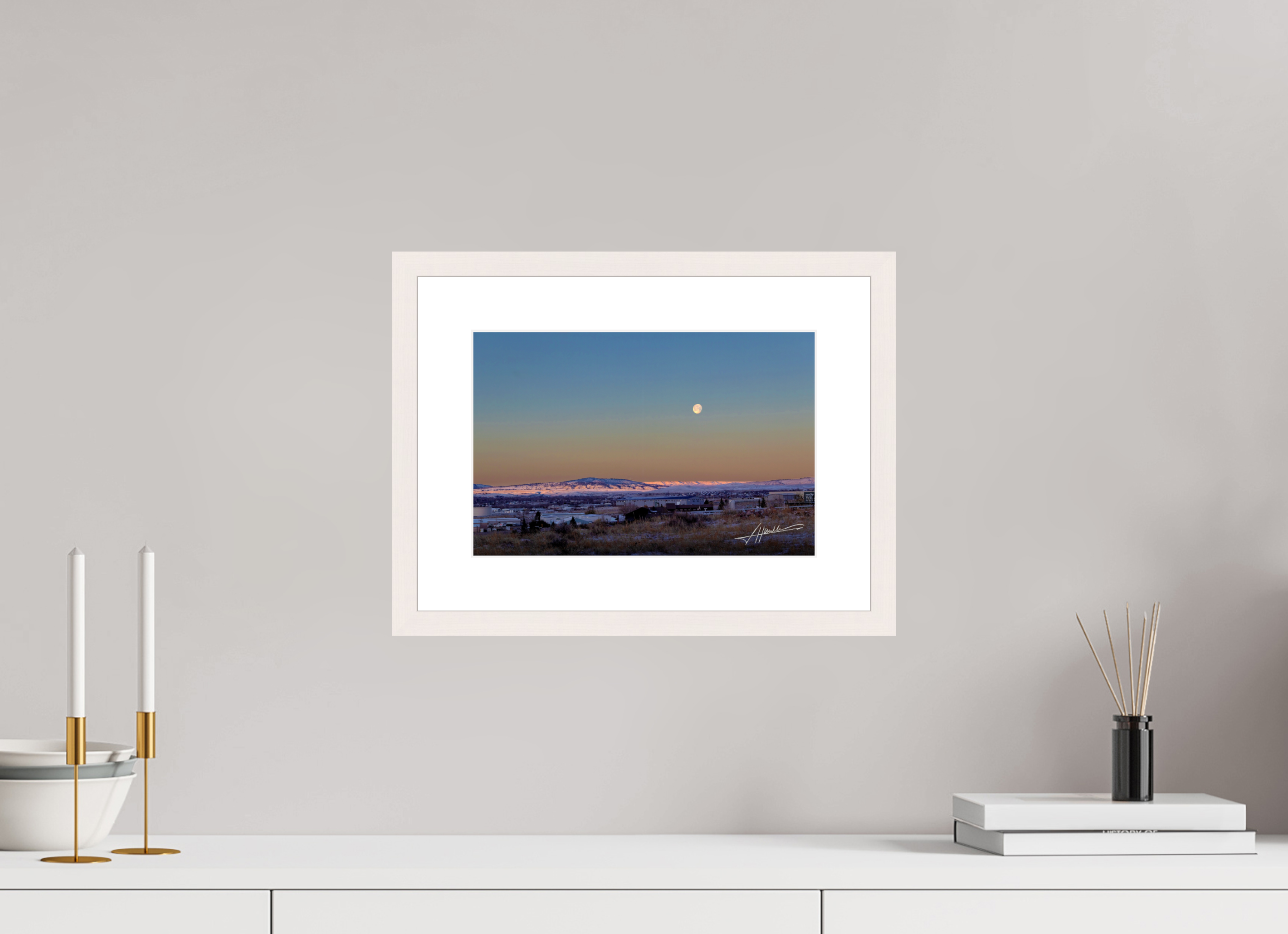 12 x 8″, Solid Wood Frame with Passe-partout Full Moon at Sunrise
