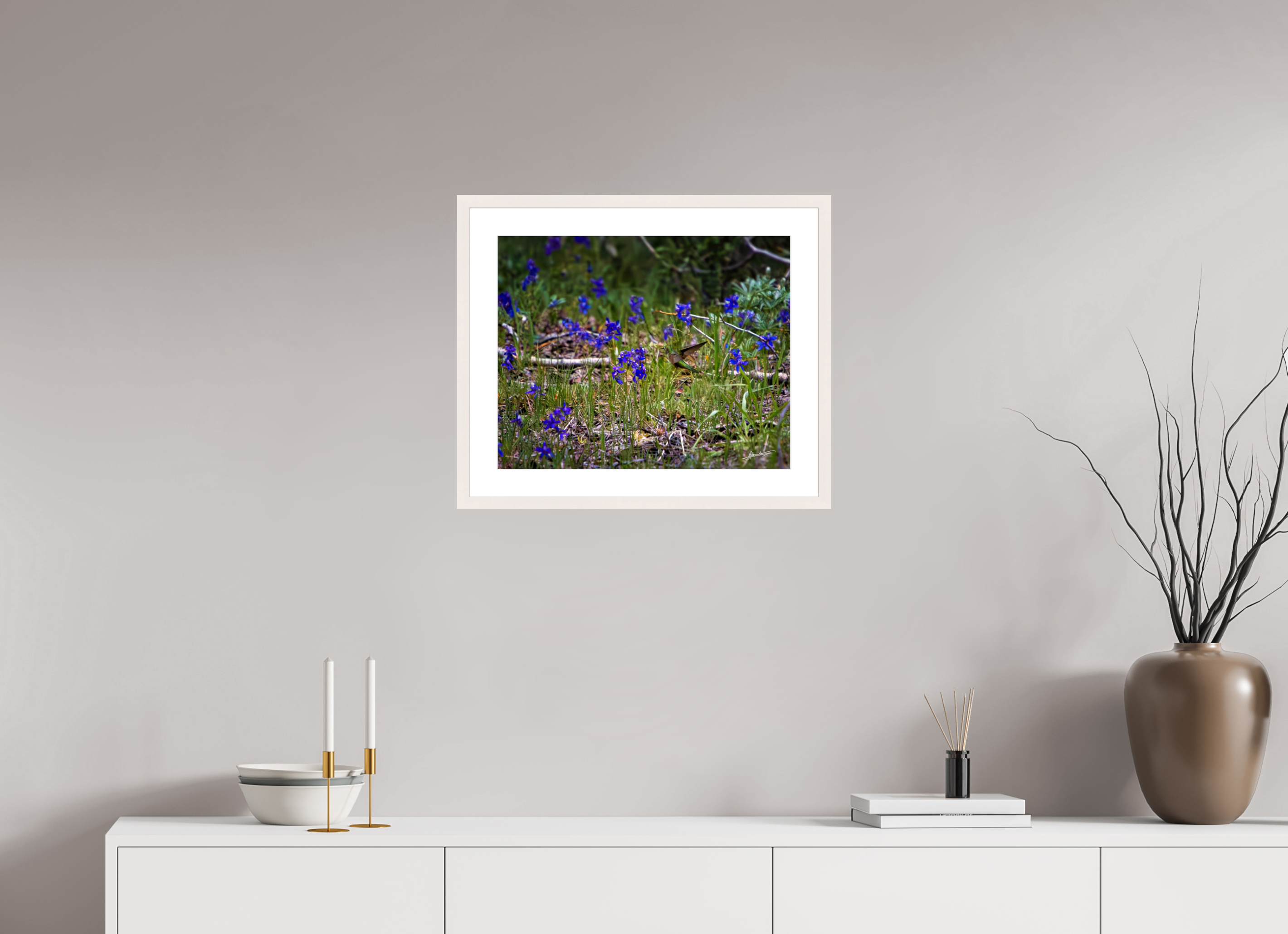 20 x 16″, Solid Wood Frame with Passe-partout Feeding Hummingbird