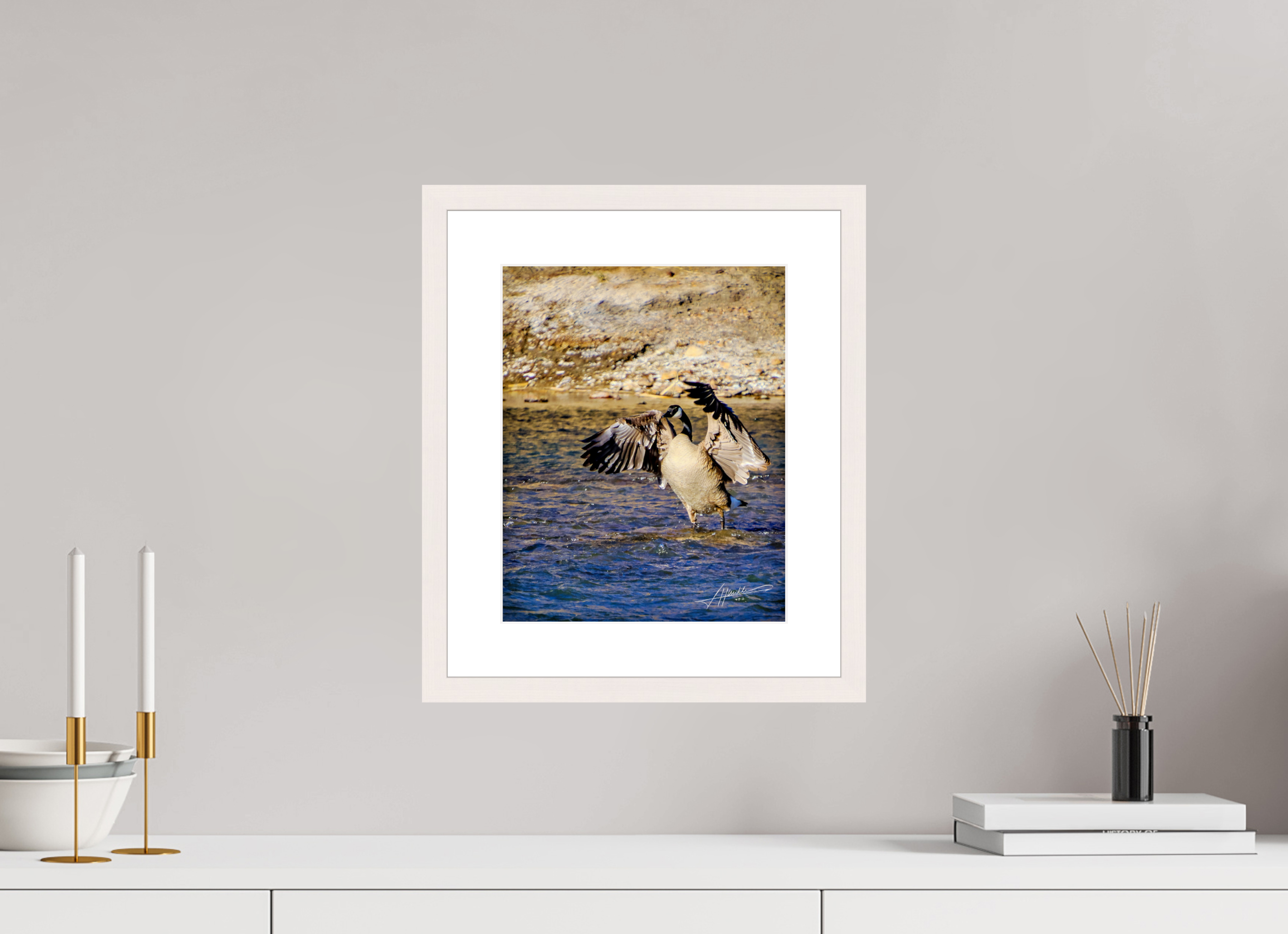 10 x 12.5″, Solid Wood Frame with Passe-partout The Bathing Goose