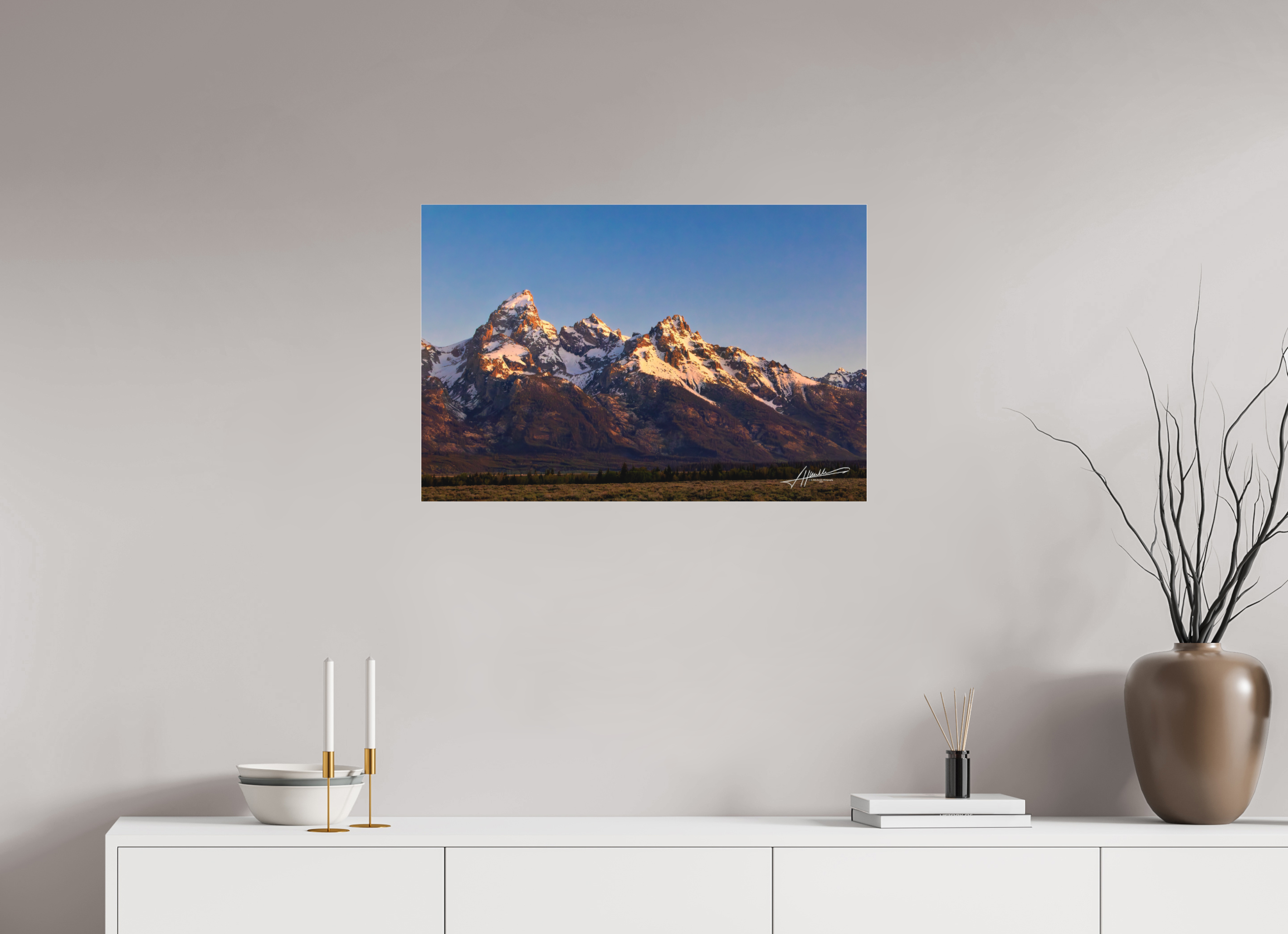 30 x 20″, Fine Pigment Under Acrylic Sunrising on the Tetons