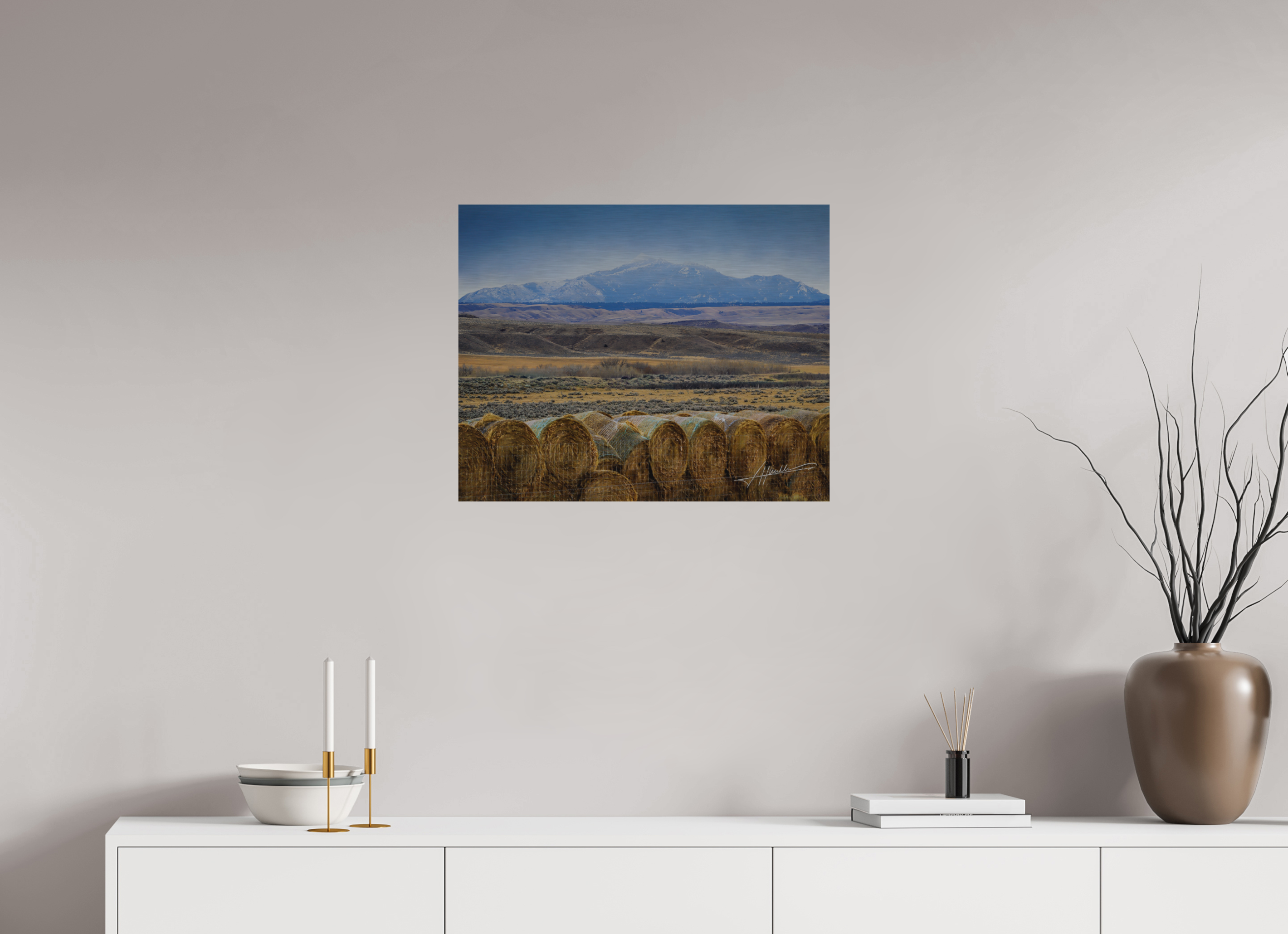 25 x 20″, Direct Brushed Aluminum Hay Bales on the Prairie