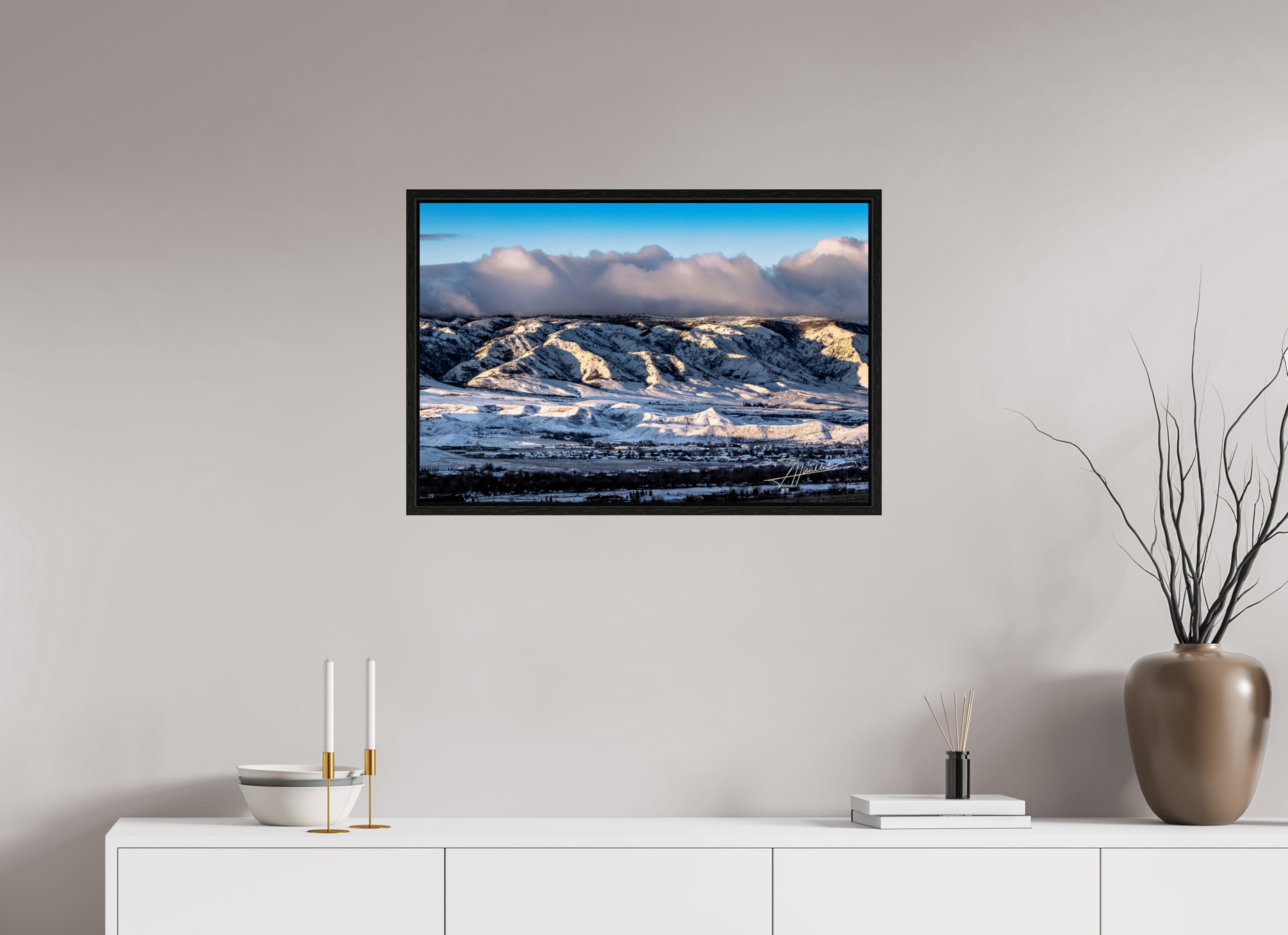 30 x 20″, Floater Frame Sunset After a Snow Storm