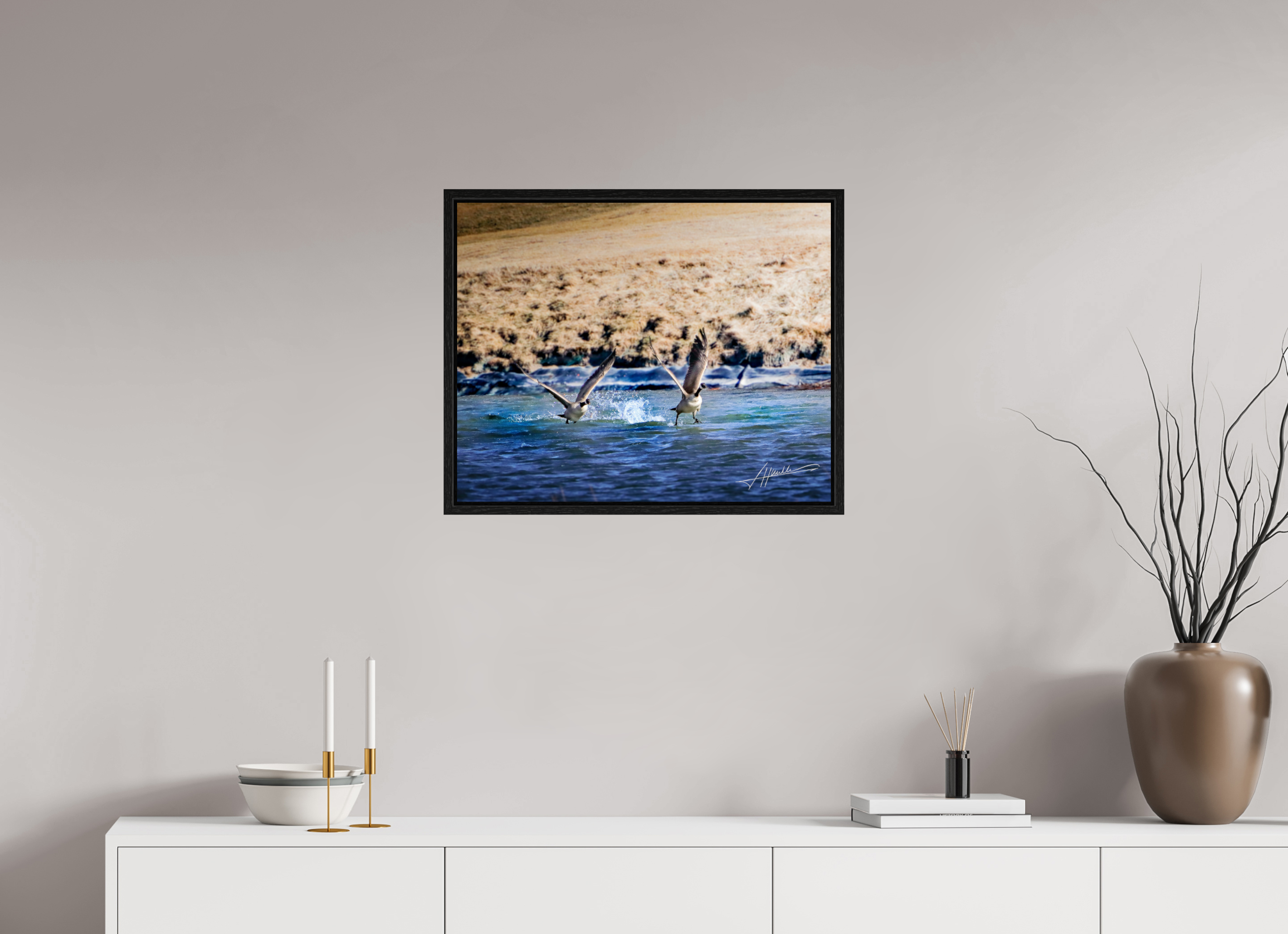 25 x 20″, Floater Frame Geese Taking Flight
