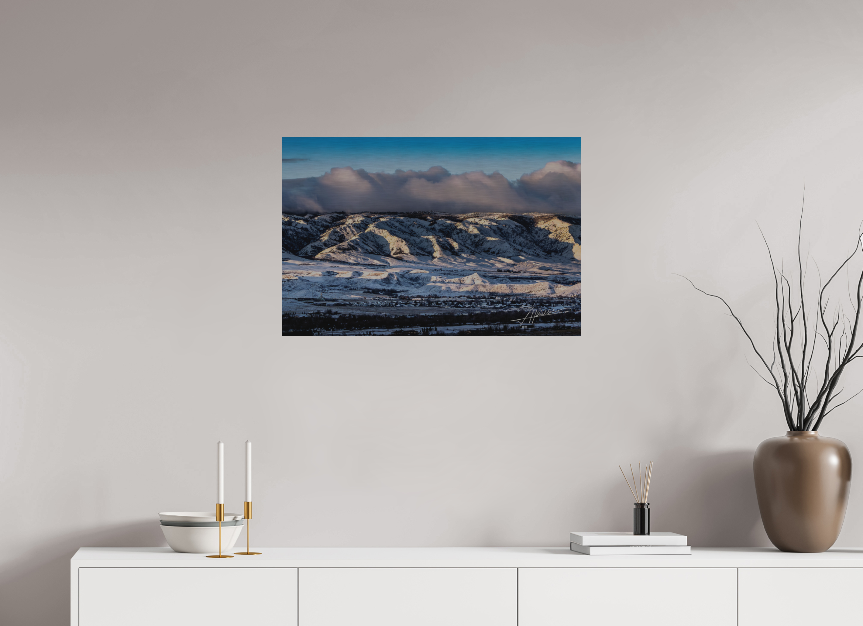 30 x 20″, Direct Brushed Aluminum Sunset After a Snow Storm