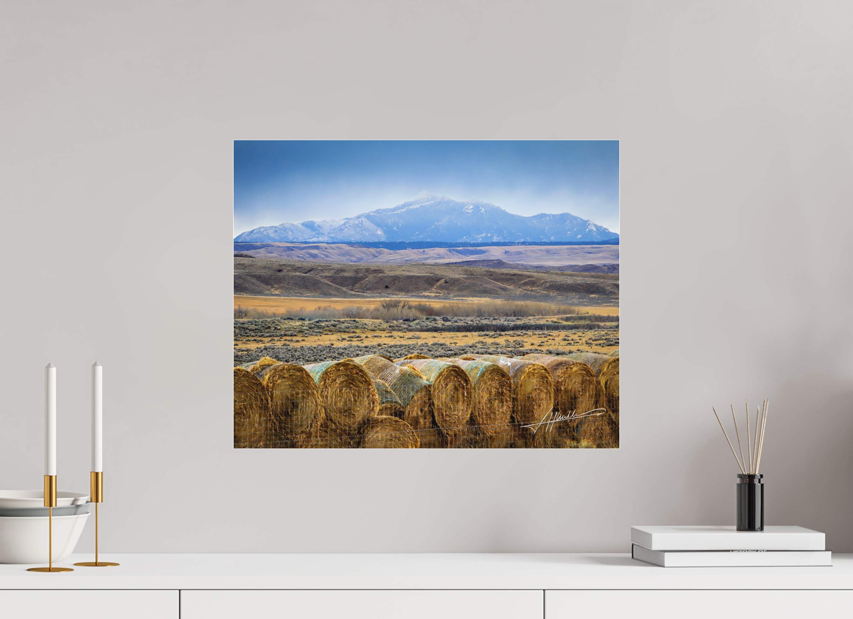 20 x 16″, Fine Pigment Under Acrylic Hay Bales on the Prairie