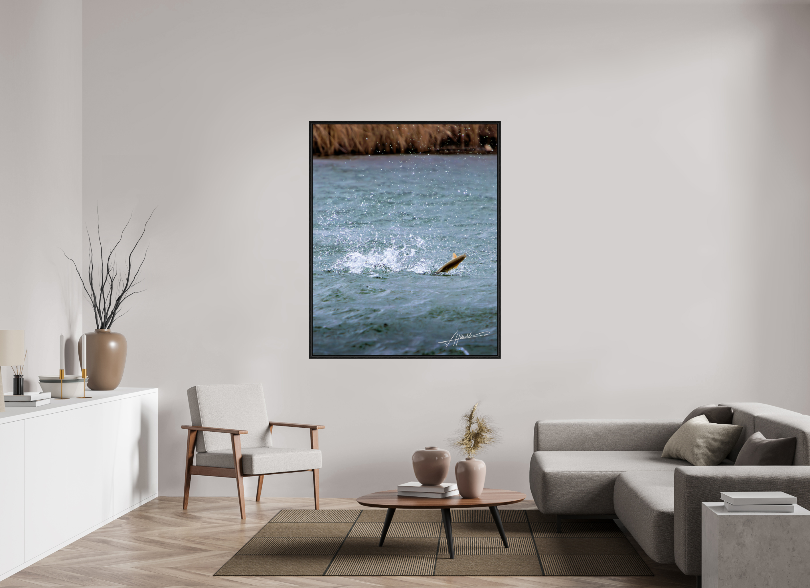 47 x 58.7″, Floater Frame Jumping Rainbow Trout