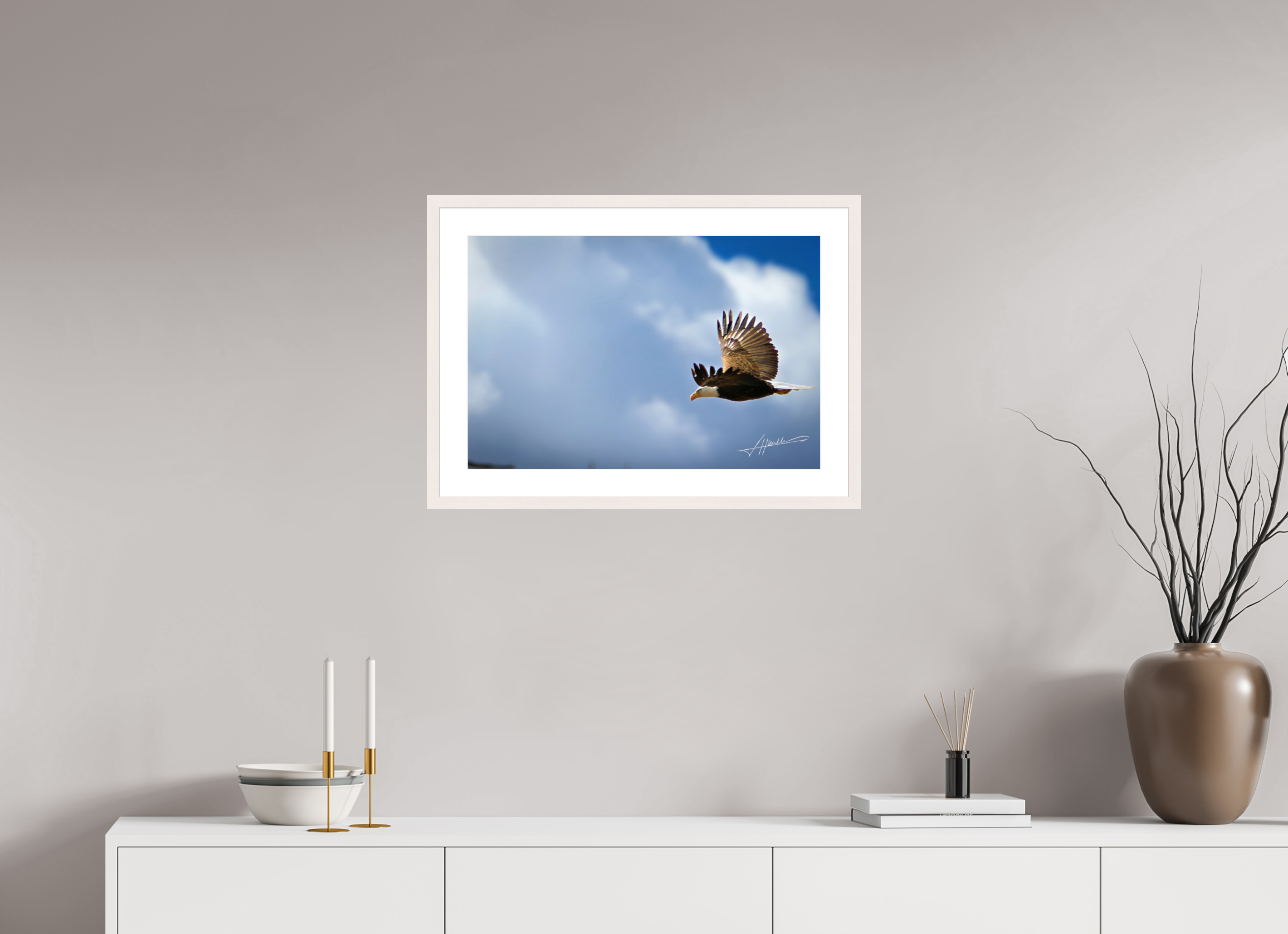 24 x 16″, Solid Wood Frame with Passe-partout Bald Eagle Flying