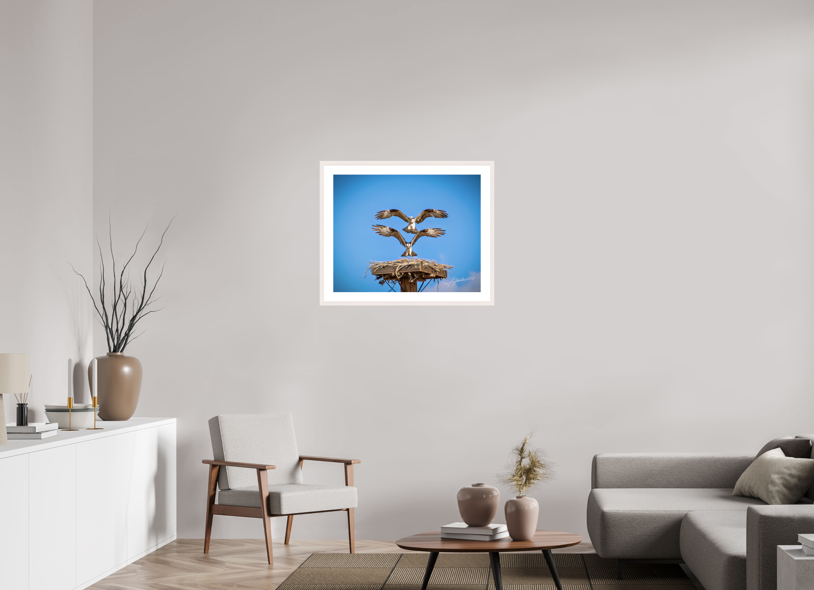 30 x 24″, Solid Wood Frame with Passe-partout Two Osprey Landing