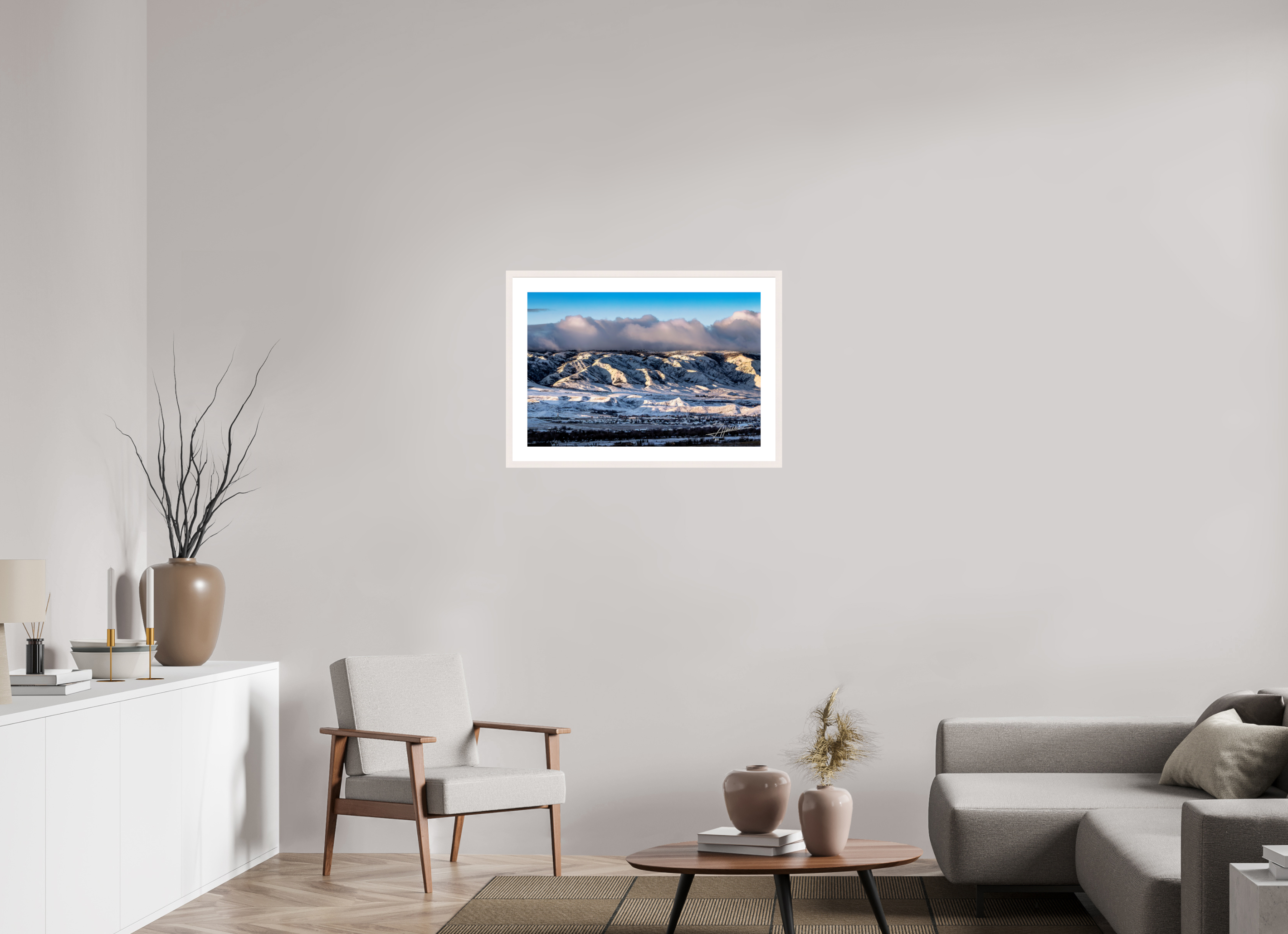 30 x 20″, Solid Wood Frame with Passe-partout Sunset After a Snow Storm
