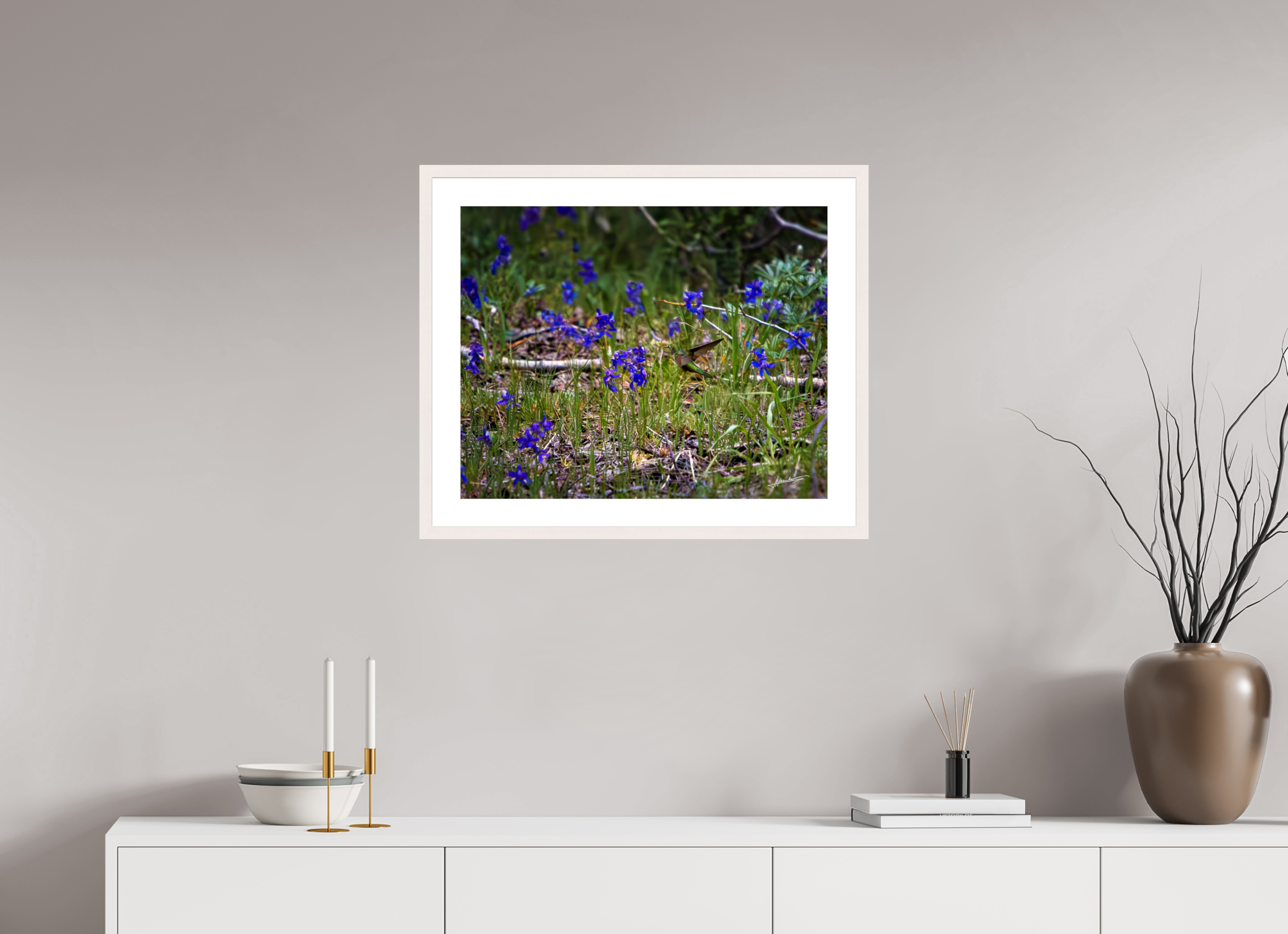 25 x 20″, Solid Wood Frame with Passe-partout Feeding Hummingbird