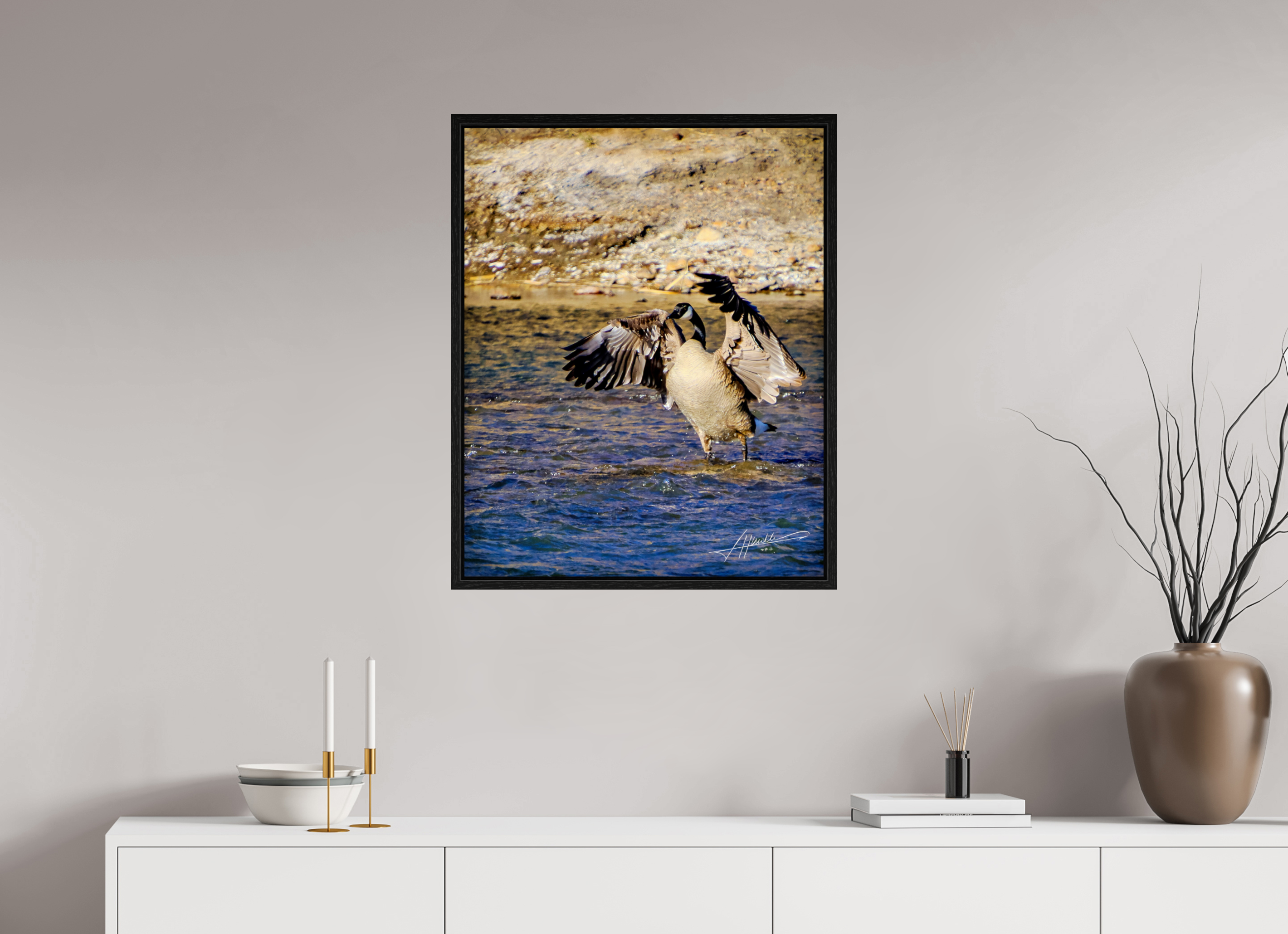 24 x 30″, Floater Frame The Bathing Goose