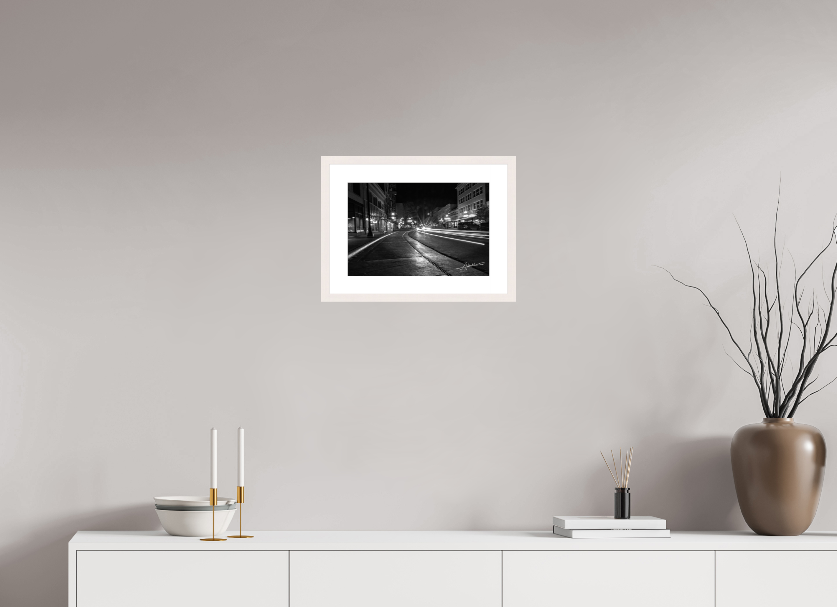 15 x 10″, Solid Wood Frame with Passe-partout A Street at Night