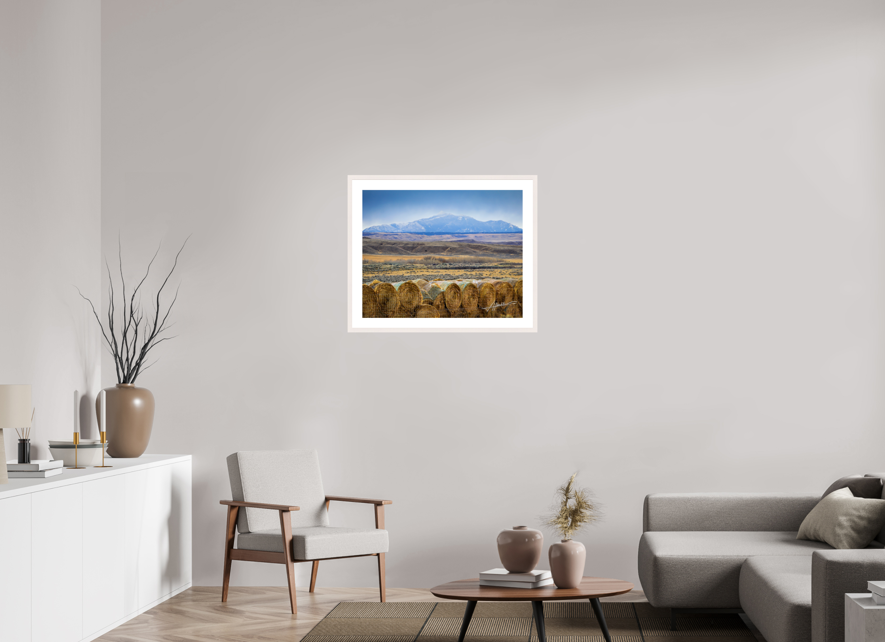 30 x 24″, Solid Wood Frame with Passe-partout Hay Bales on the Prairie