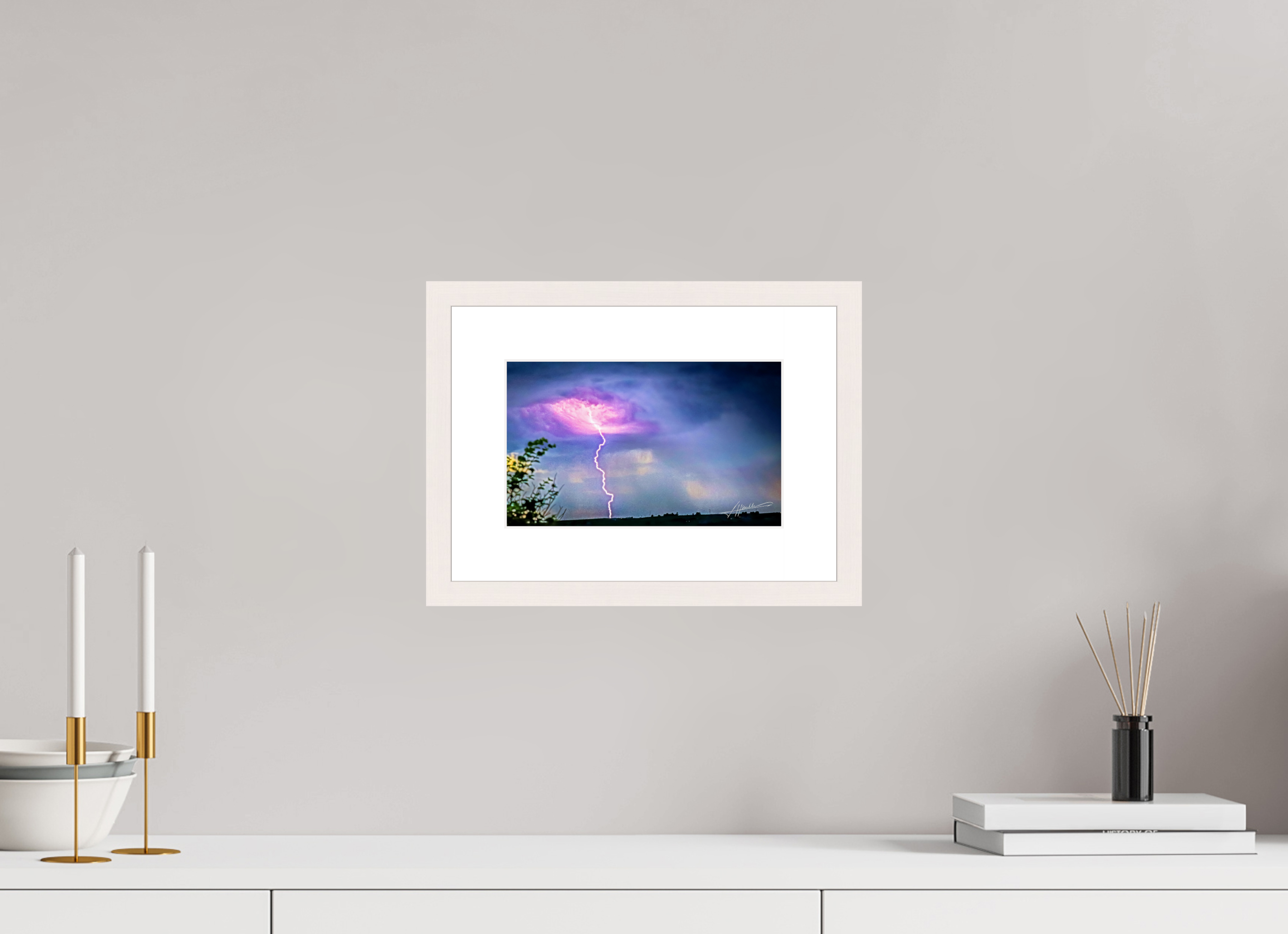 9.7 x 6″, Solid Wood Frame with Passe-partout Lightning Strike