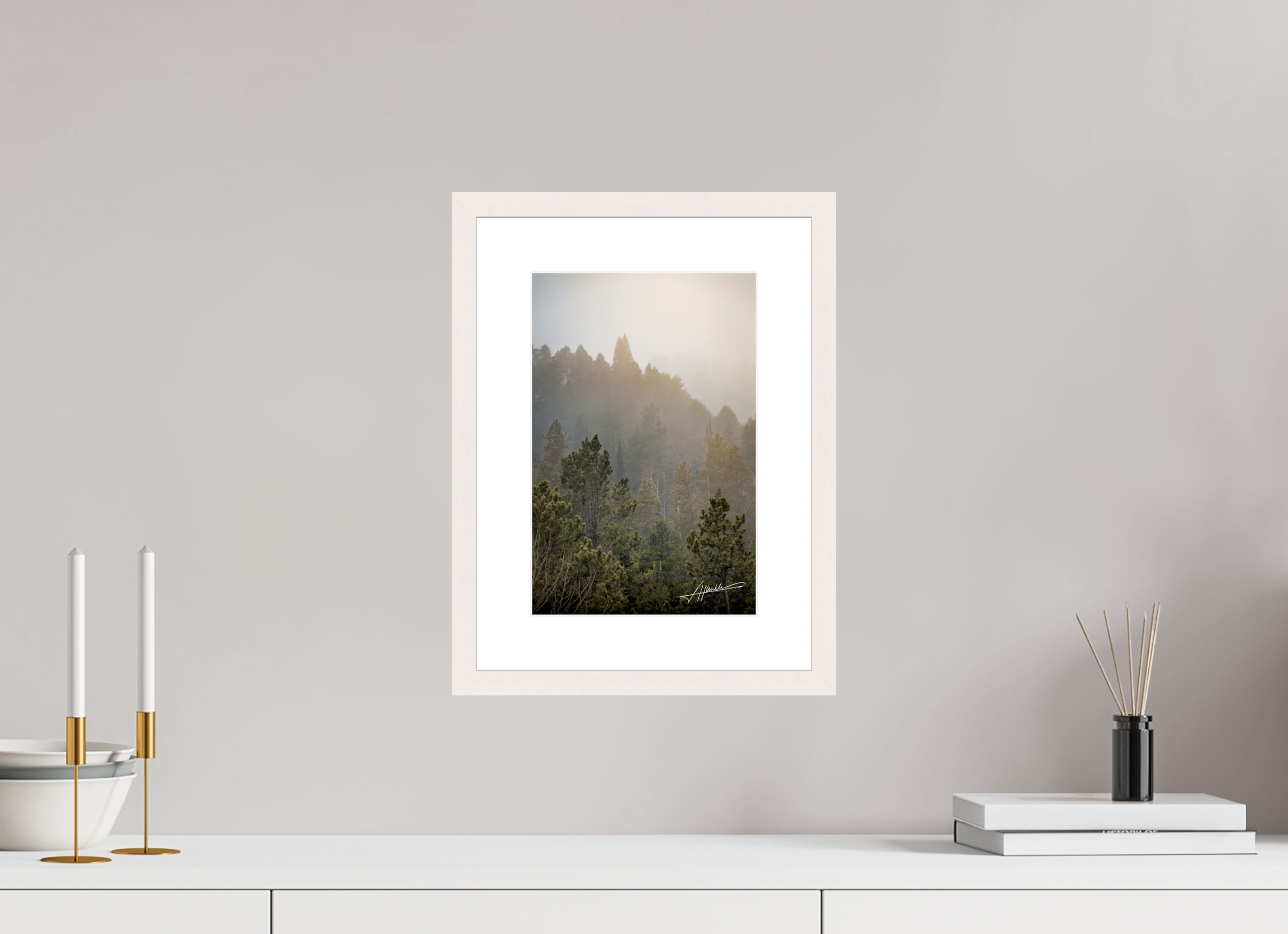 8 x 12″, Solid Wood Frame with Passe-partout Glowing Mountain Fog