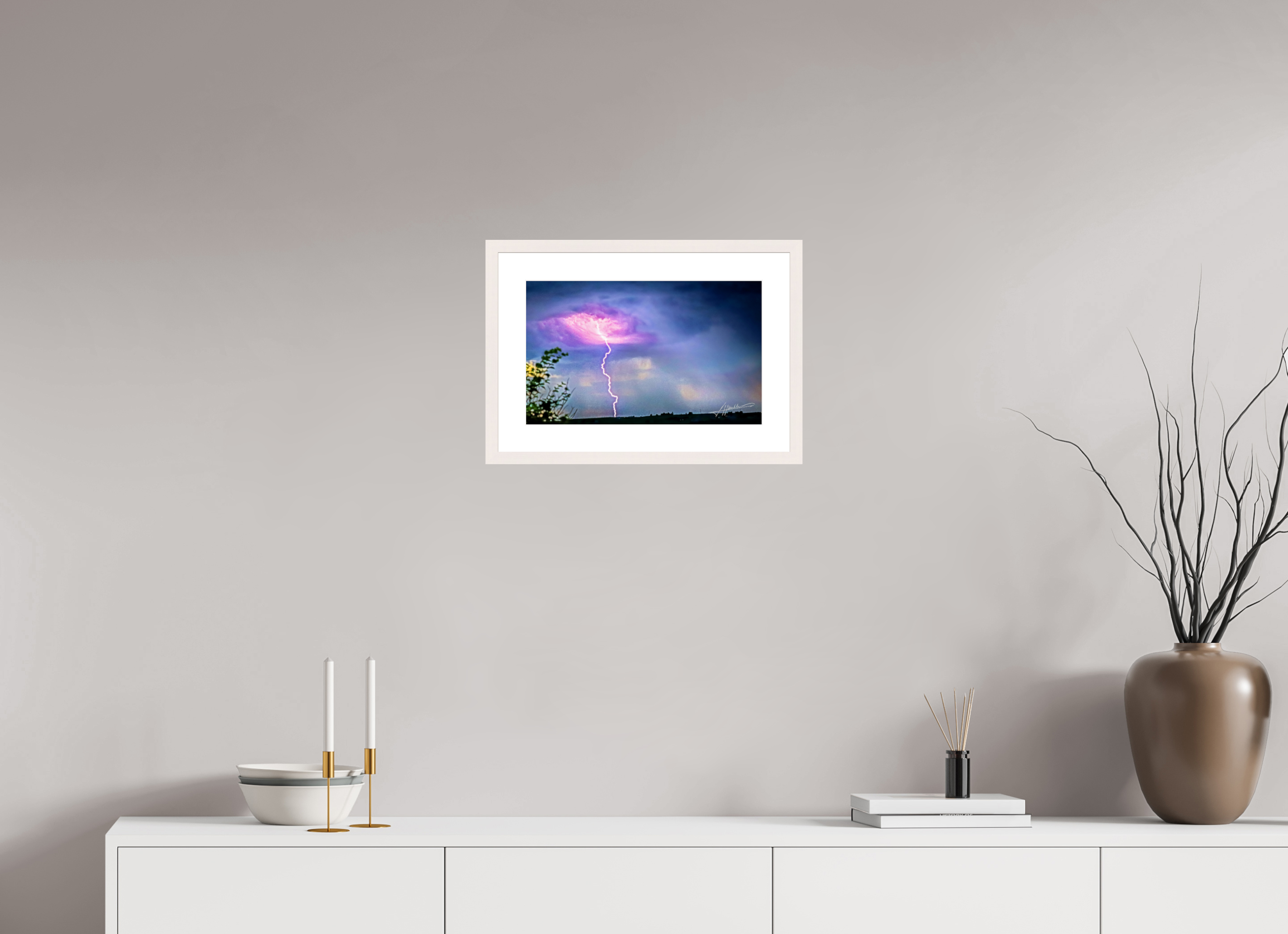 16.2 x 10″, Solid Wood Frame with Passe-partout Lightning Strike