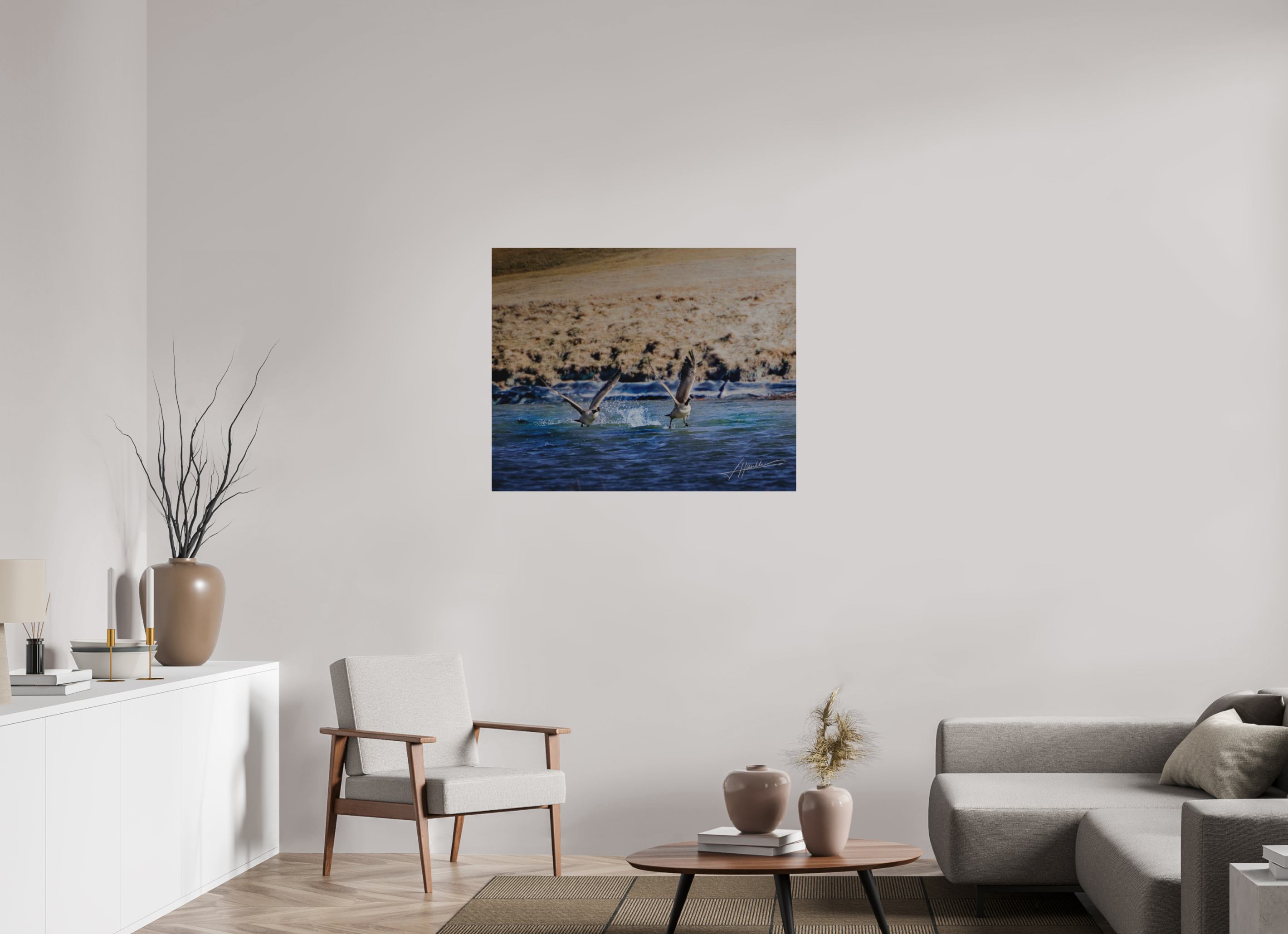 38.7 x 31″, Direct Brushed Aluminum Geese Taking Flight