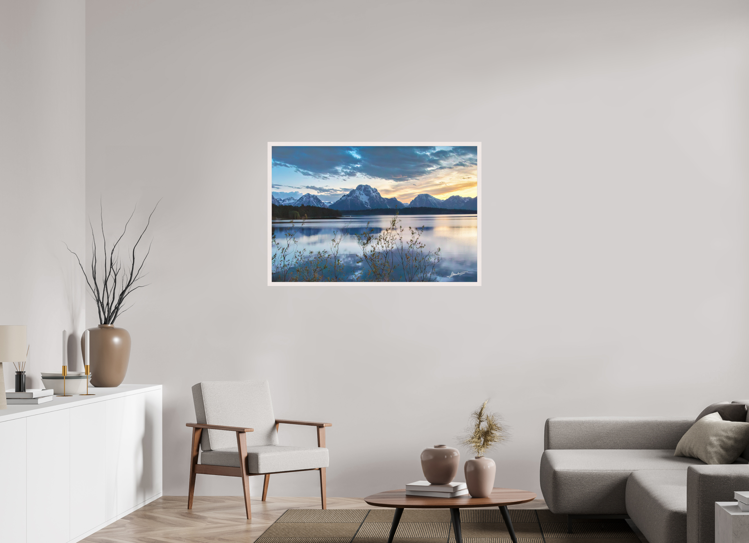 45 x 30″, Shadow Box Frame Sunset on Jackson Lake