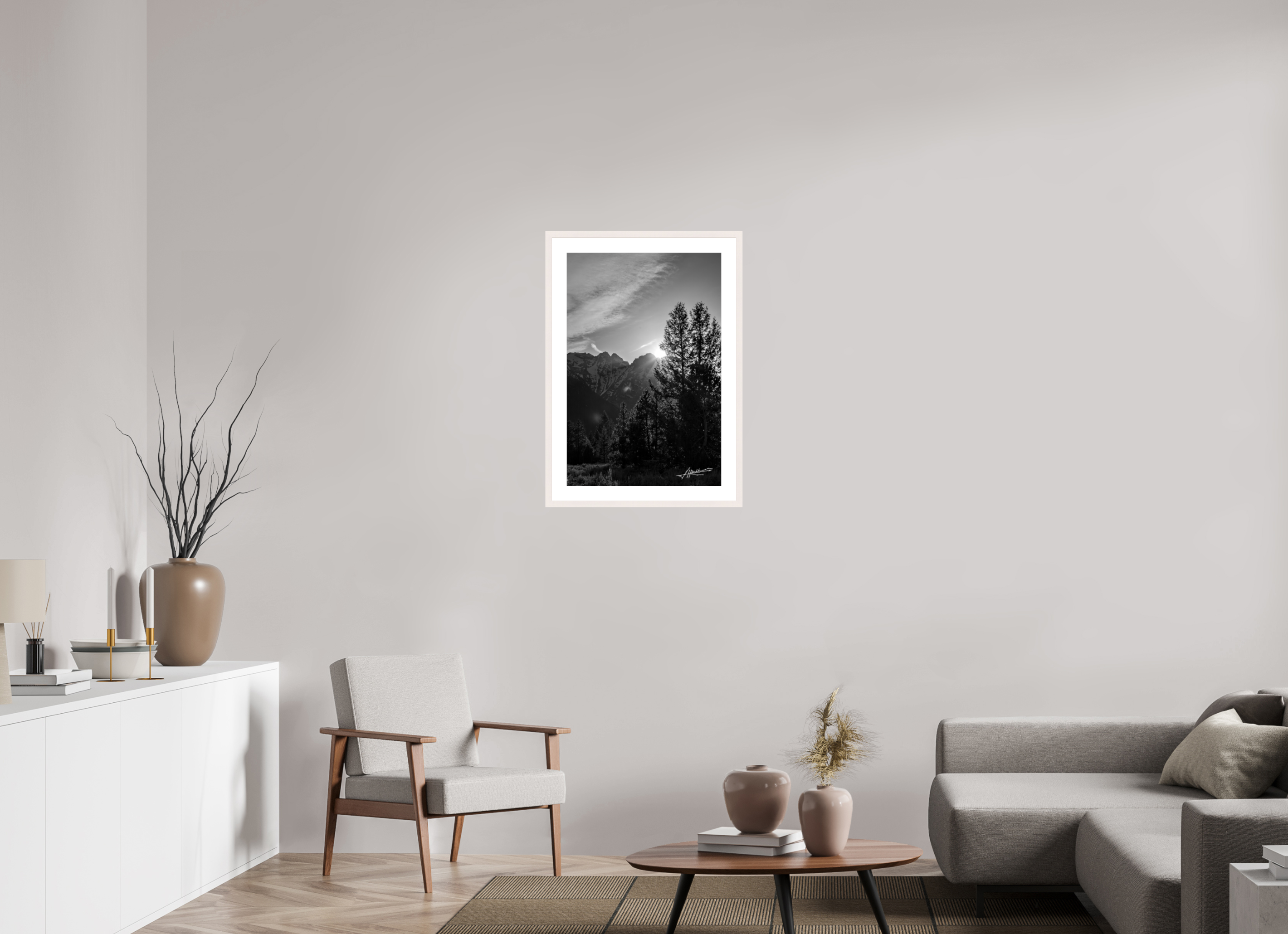 20 x 30″, Solid Wood Frame with Passe-partout B/W Peaks