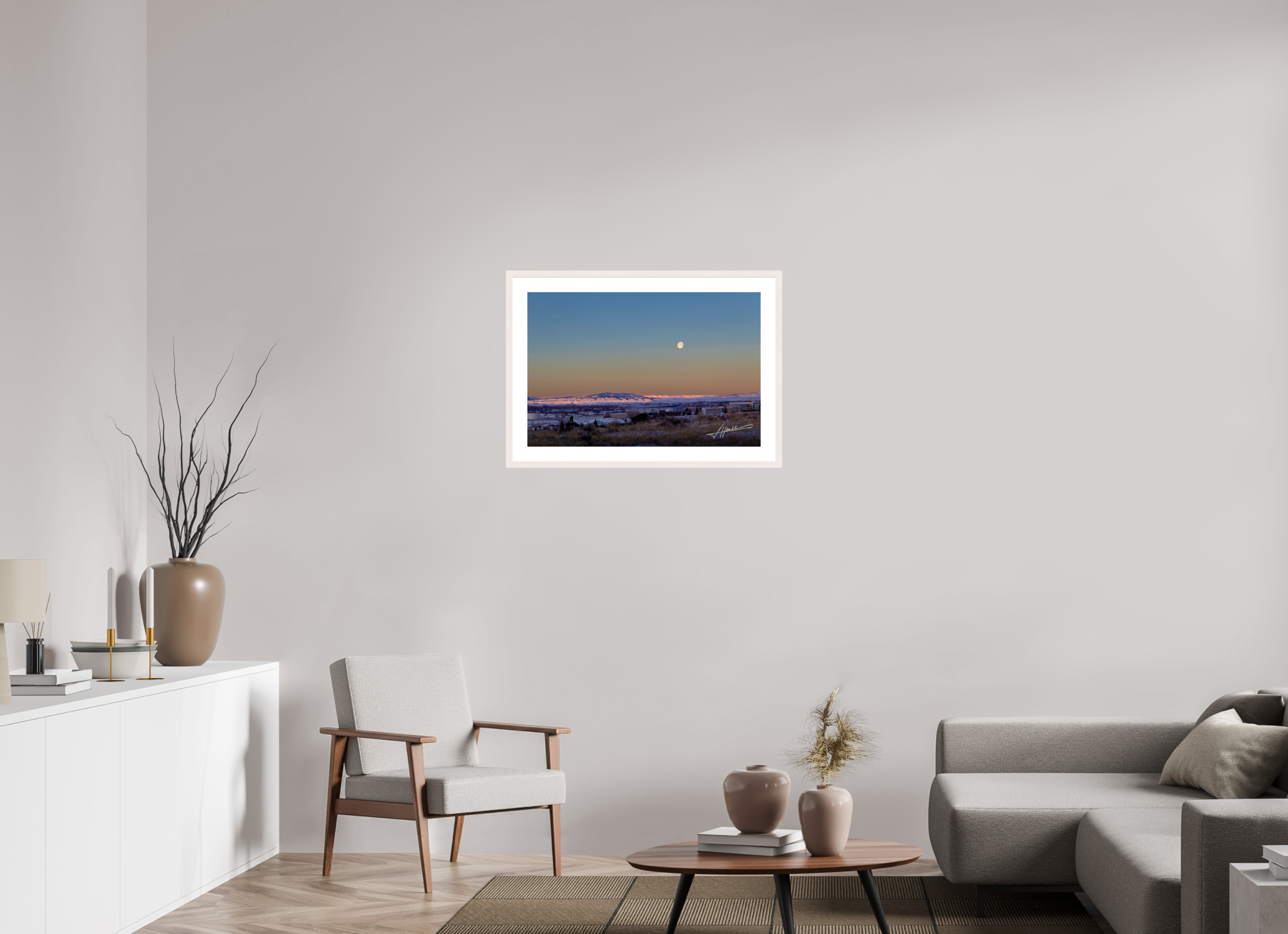 30 x 20″, Solid Wood Frame with Passe-partout Full Moon at Sunrise