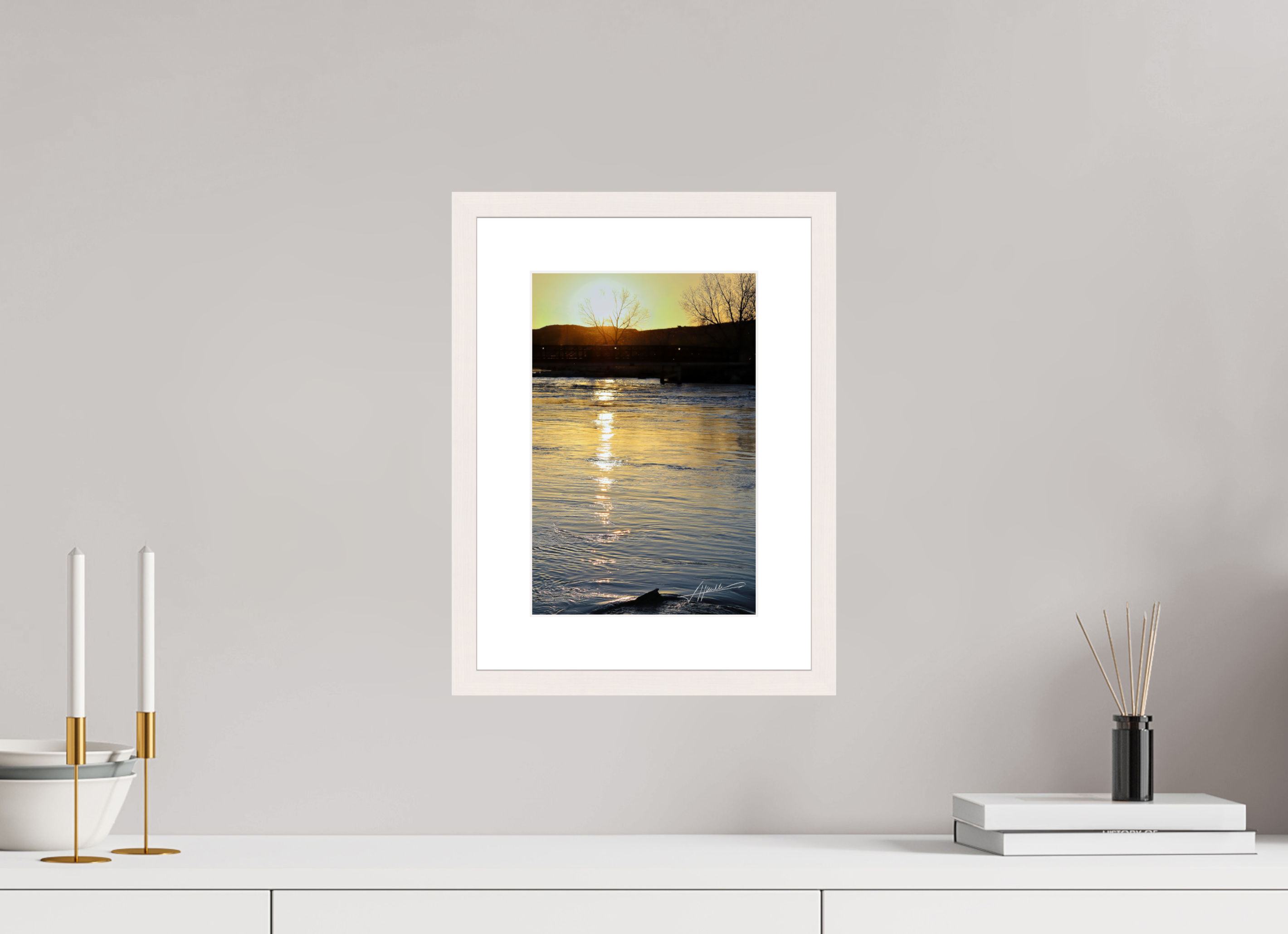 8 x 12″, Solid Wood Frame with Passe-partout Sunset on the River