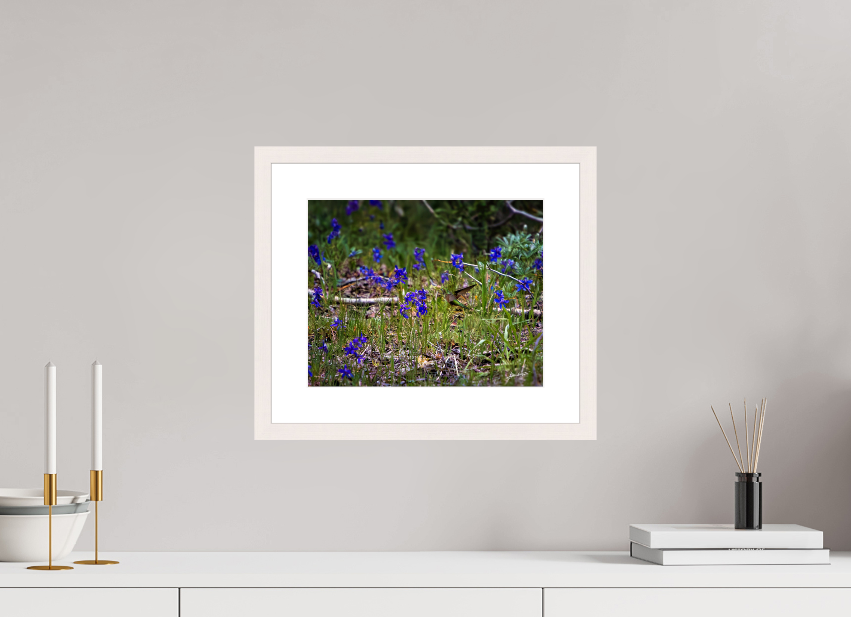 12.5 x 10″, Solid Wood Frame with Passe-partout Feeding Hummingbird