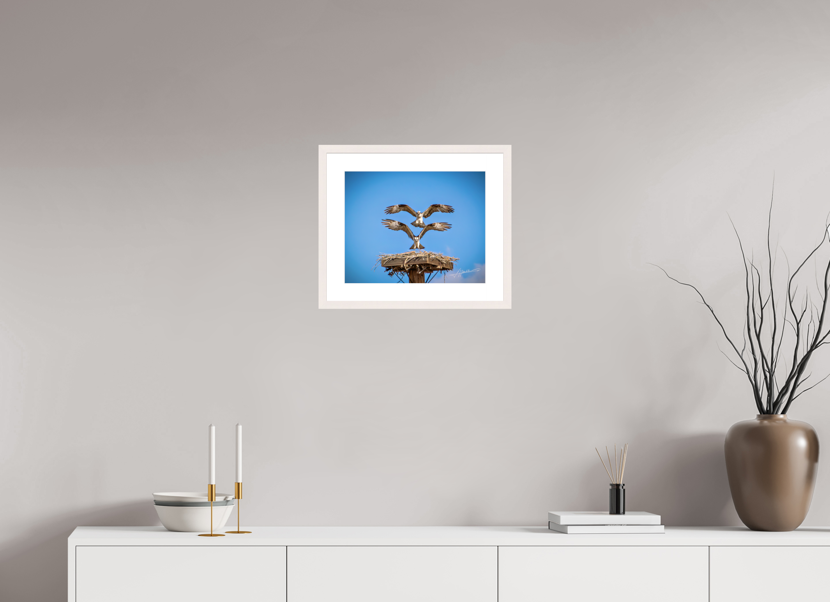 15 x 12″, Solid Wood Frame with Passe-partout Two Osprey Landing