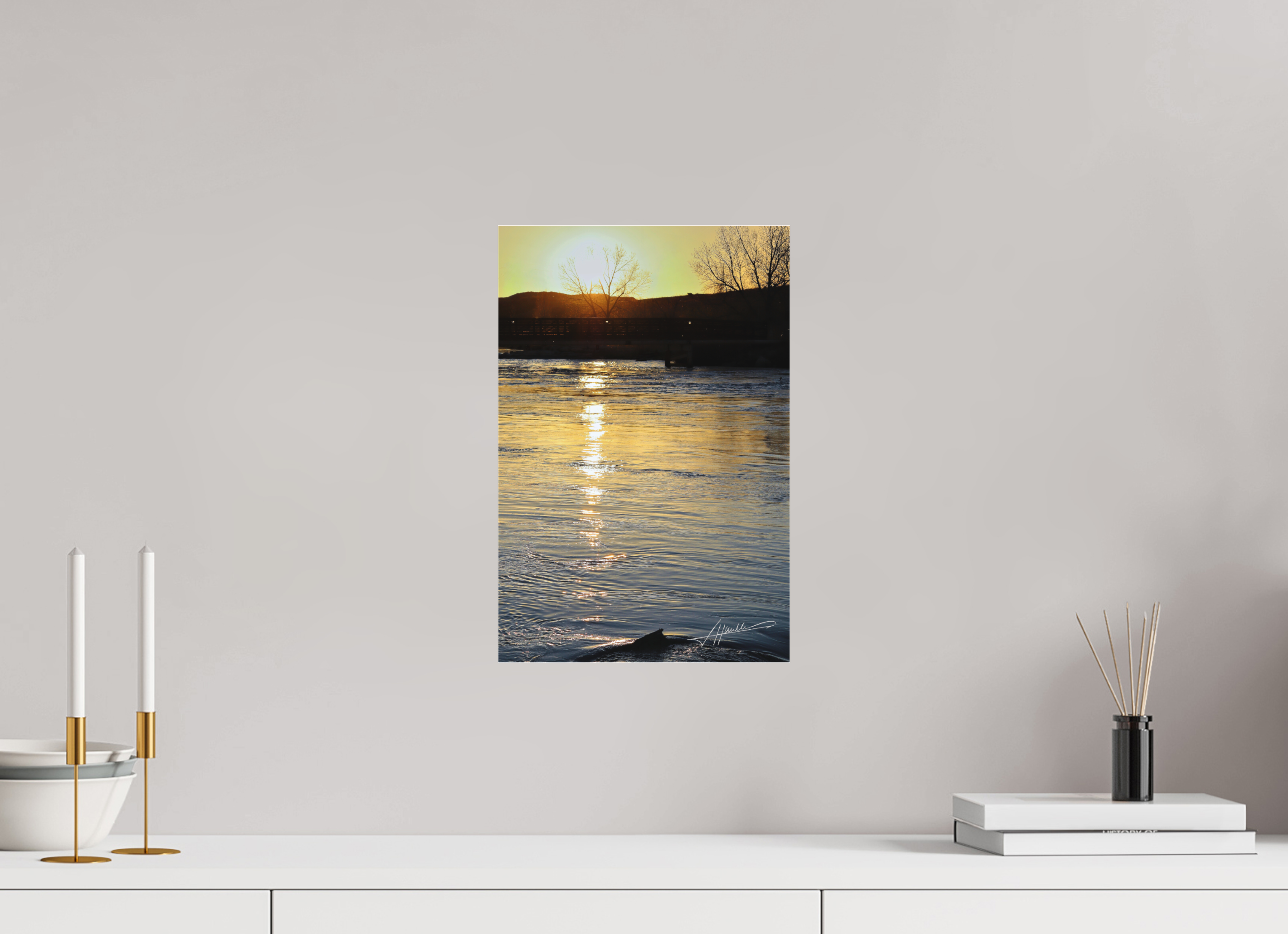 10 x 15″, Fine Pigment Under Acrylic Sunset on the River
