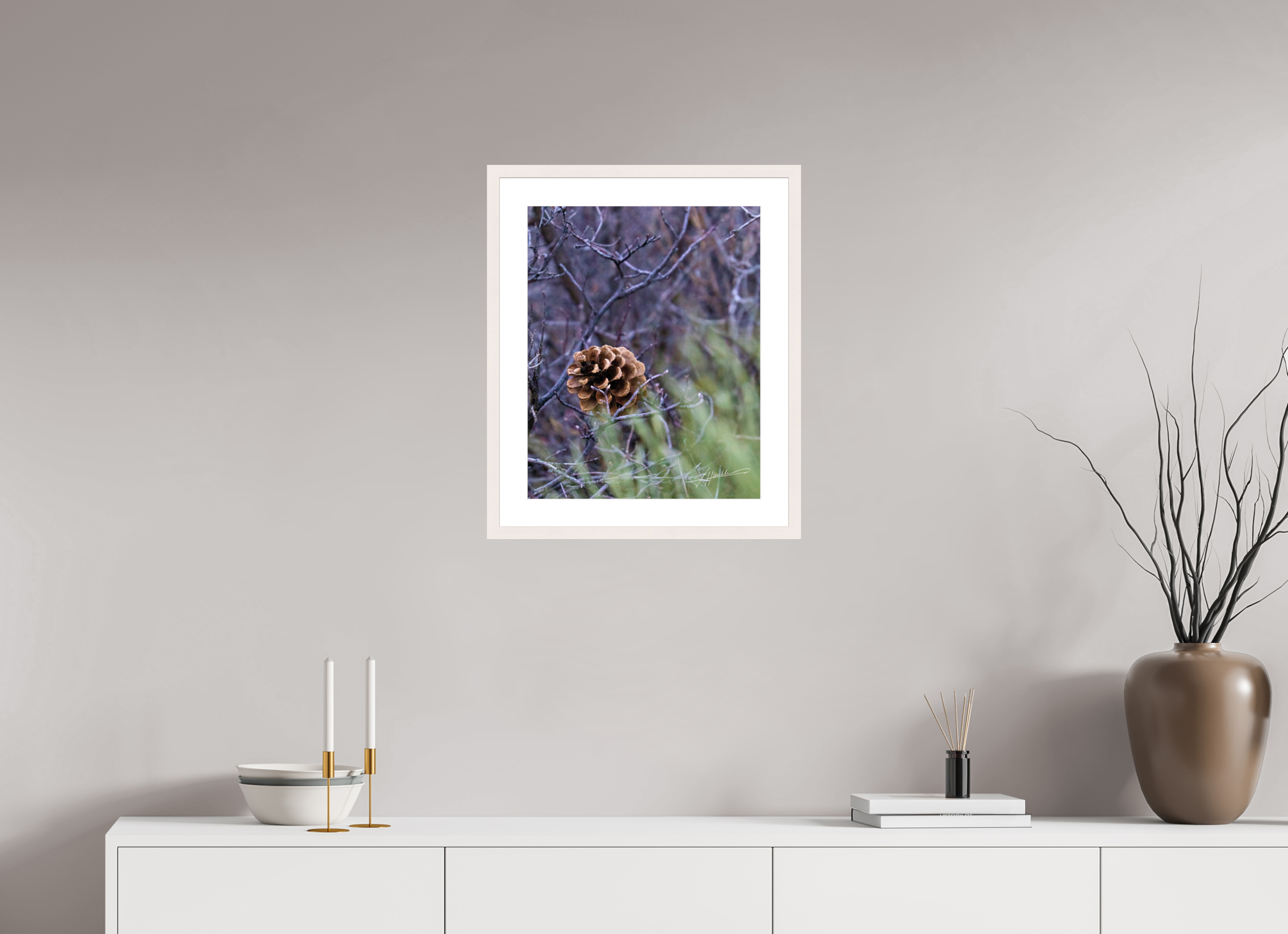 16 x 20″, Solid Wood Frame with Passe-partout Mountain Pinecone