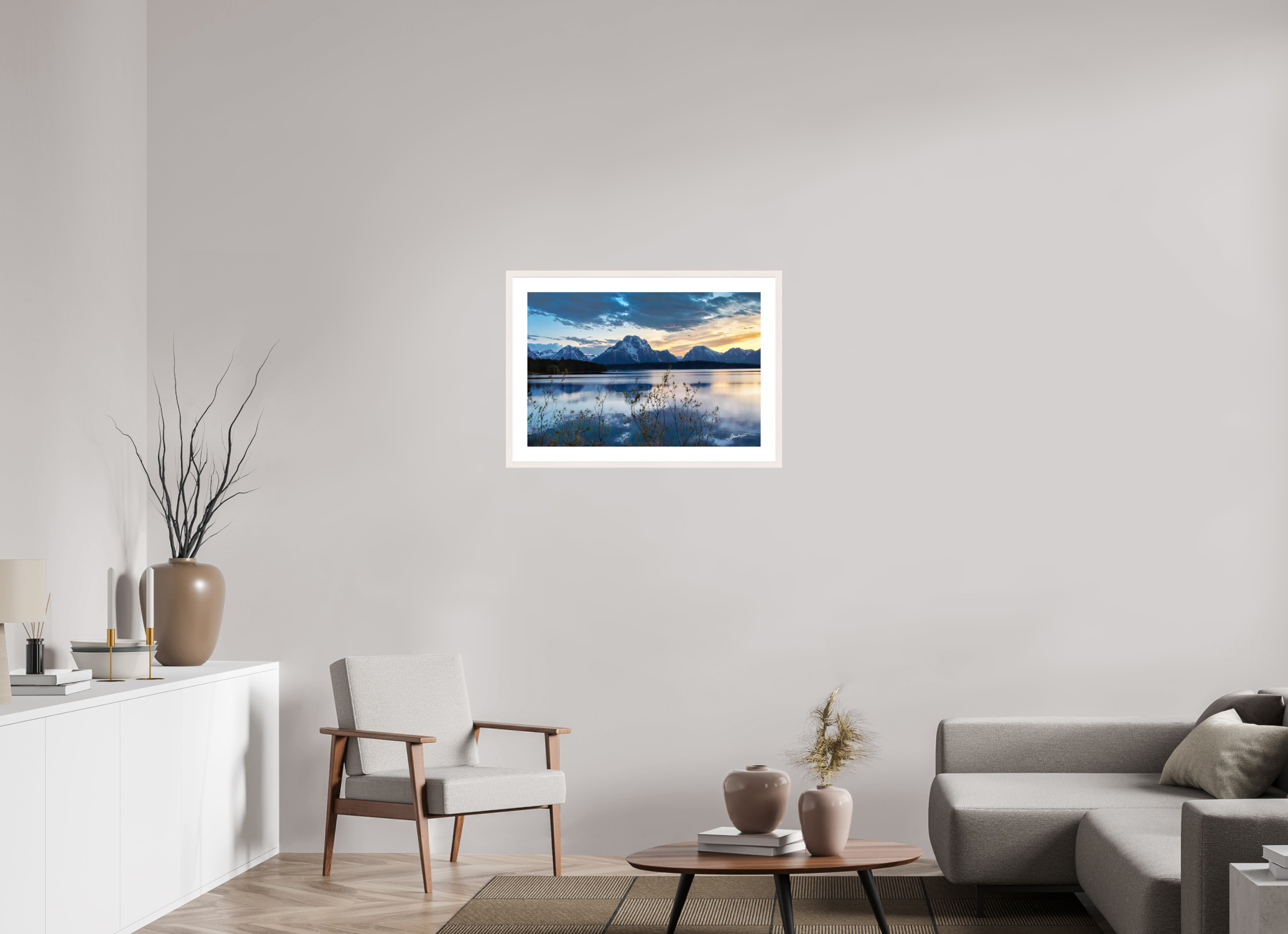 30 x 20″, Solid Wood Frame with Passe-partout Sunset on Jackson Lake