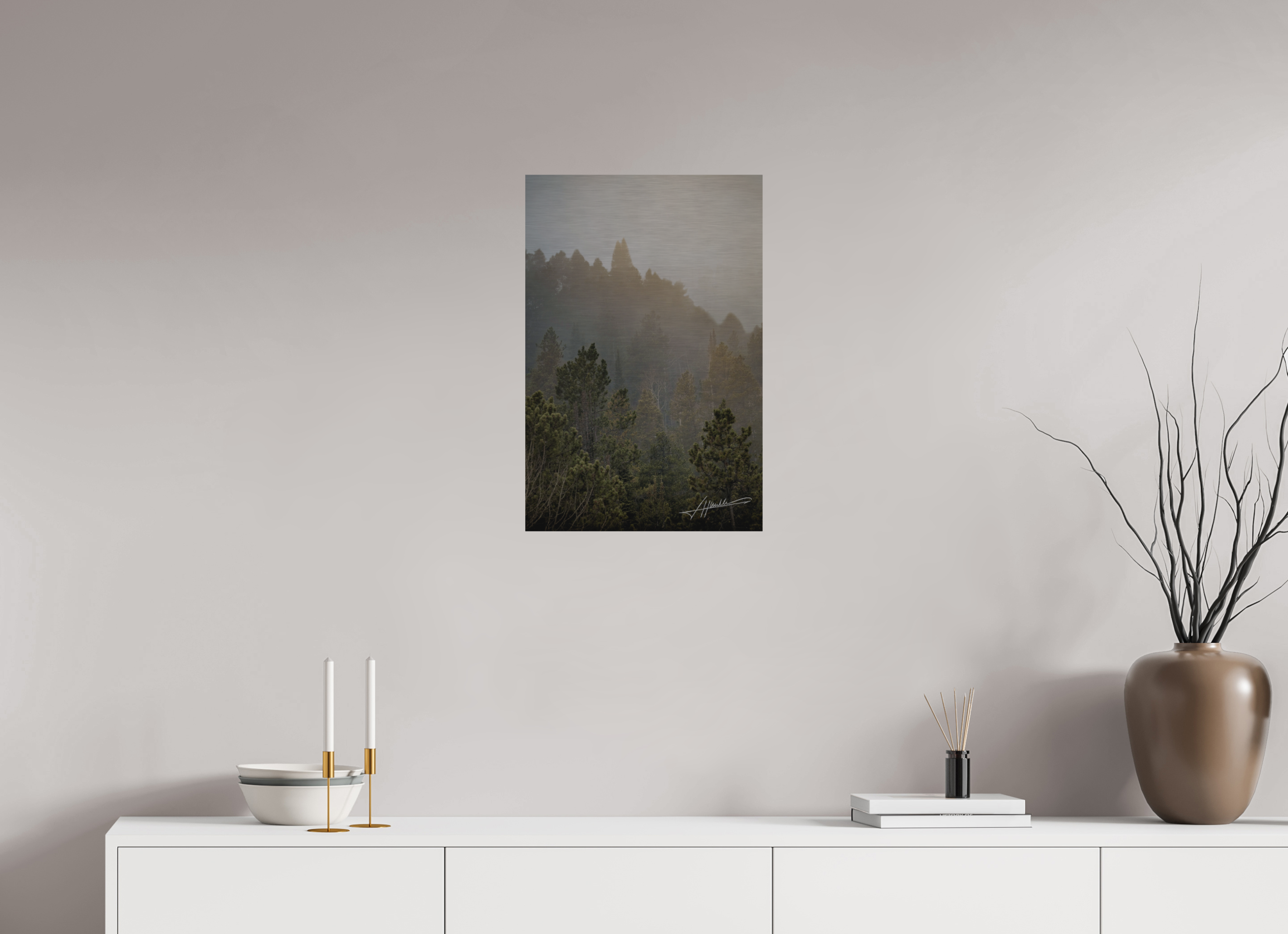 16 x 24″, Direct Brushed Aluminum Glowing Mountain Fog
