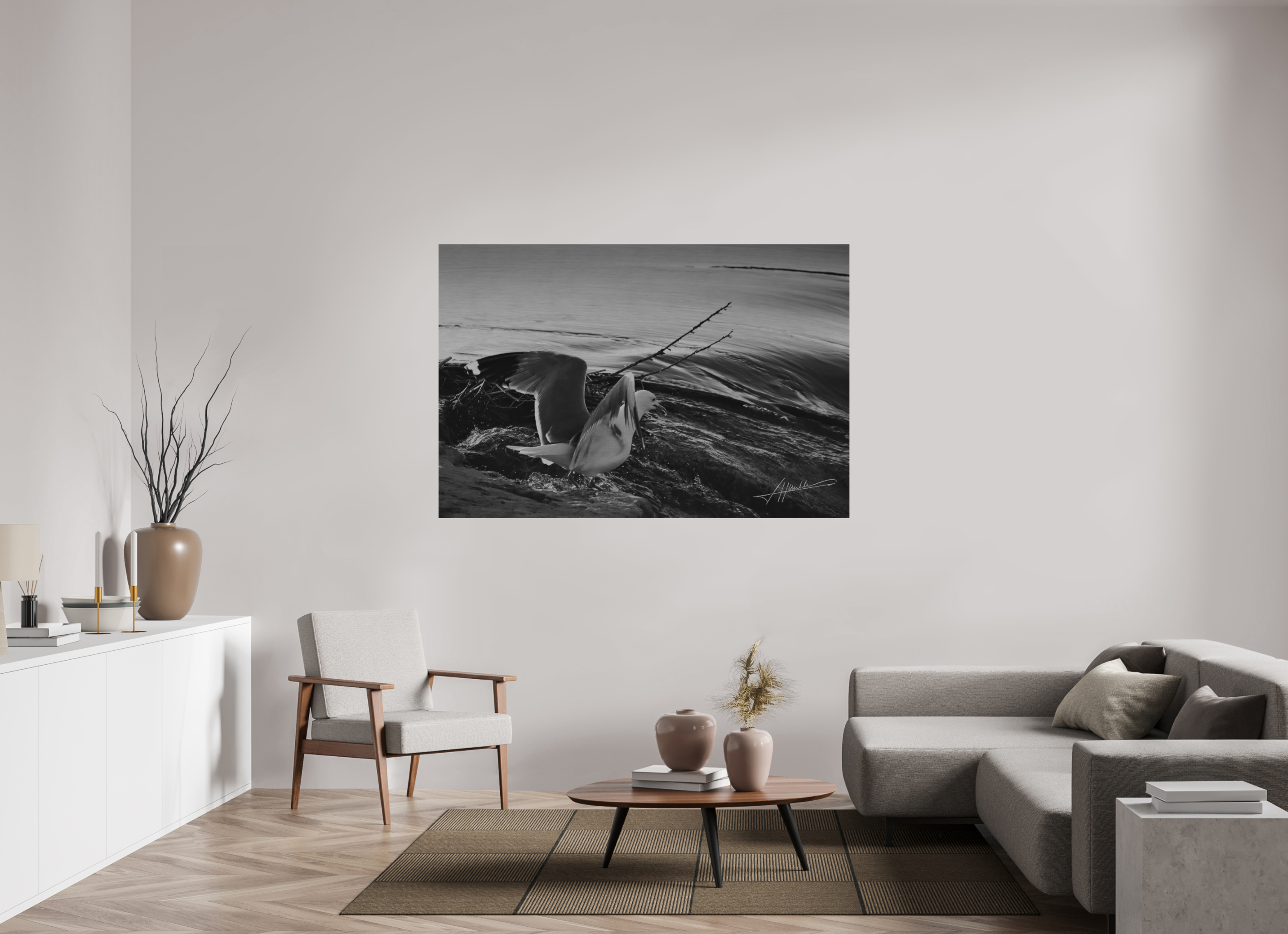 66 x 44″, Direct Brushed Aluminum Seagull Takes Flight