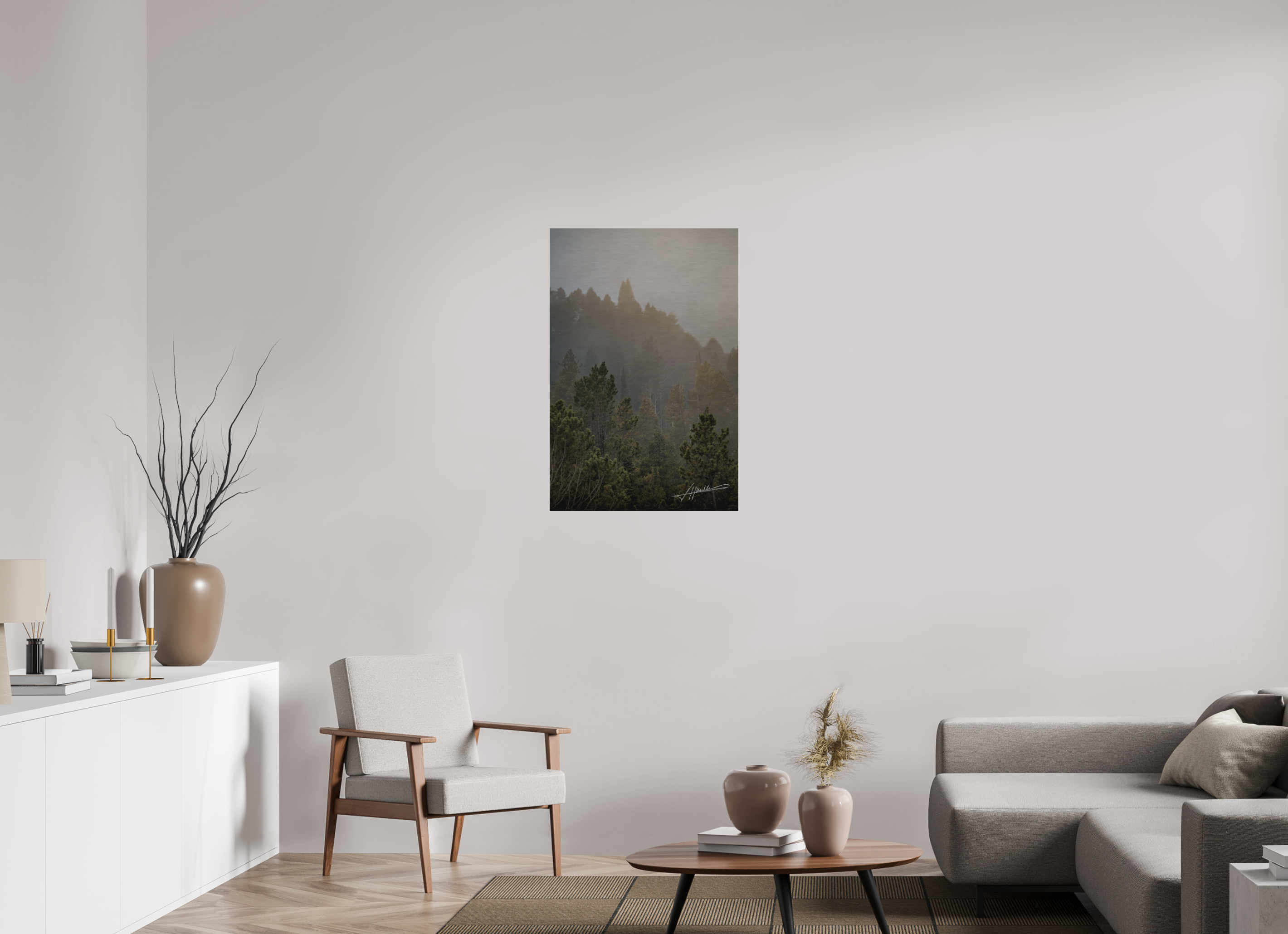 24 x 36″, Direct Brushed Aluminum Glowing Mountain Fog