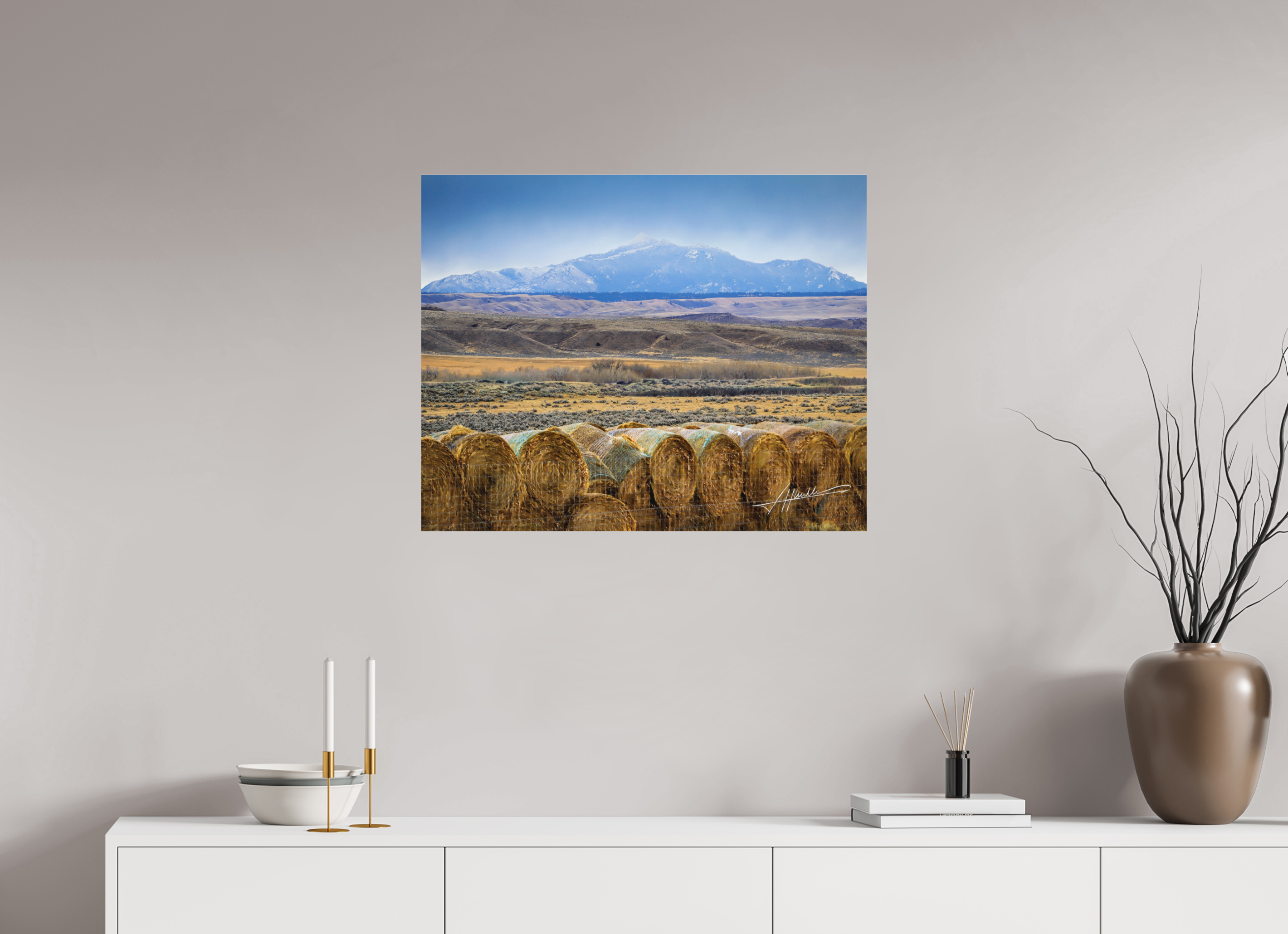 30 x 24″, Fine Pigment Under Acrylic Hay Bales on the Prairie