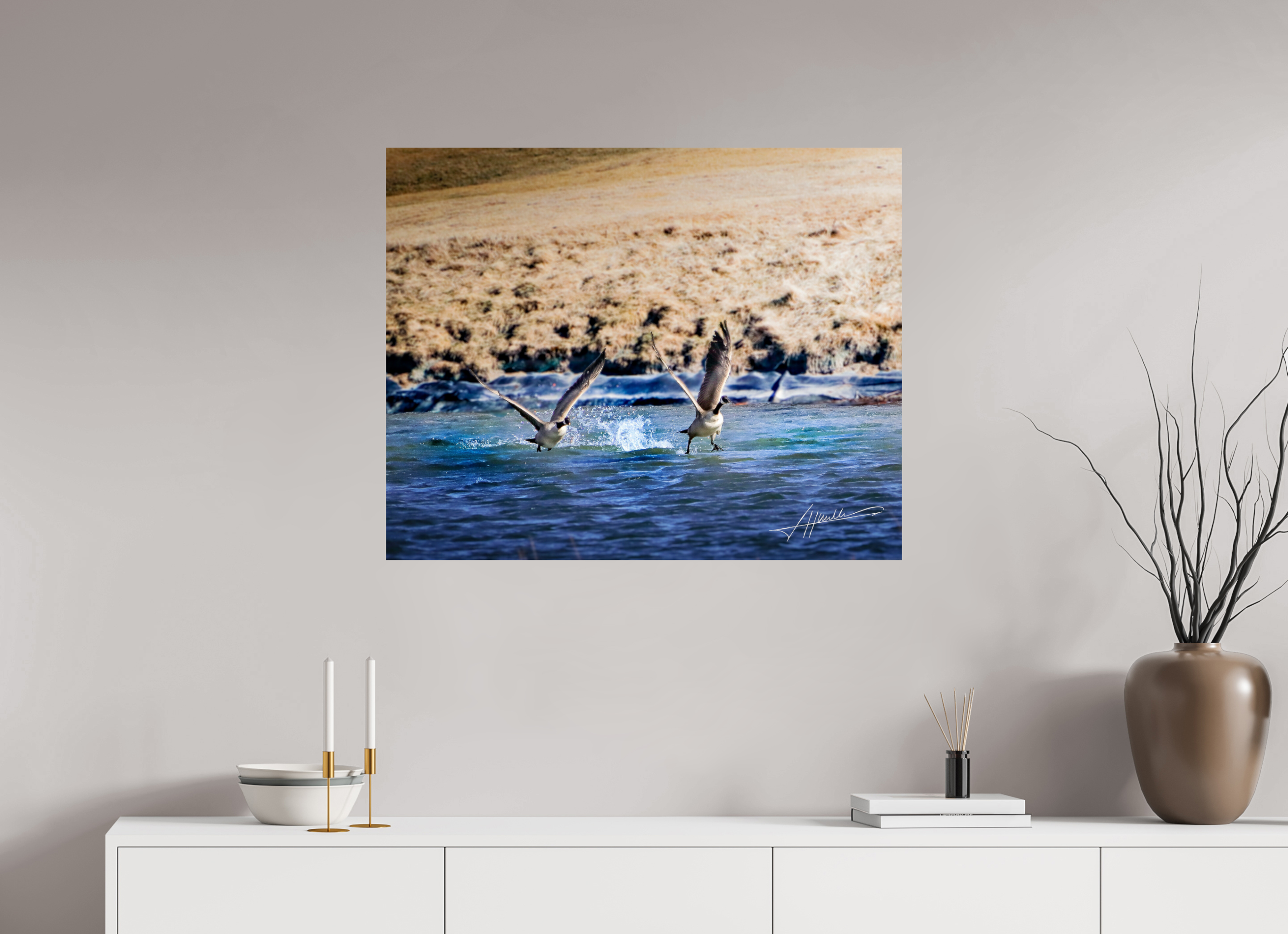 35 x 28″, Metallic Photo Print On Fuji Crystal Pearl Geese Taking Flight
