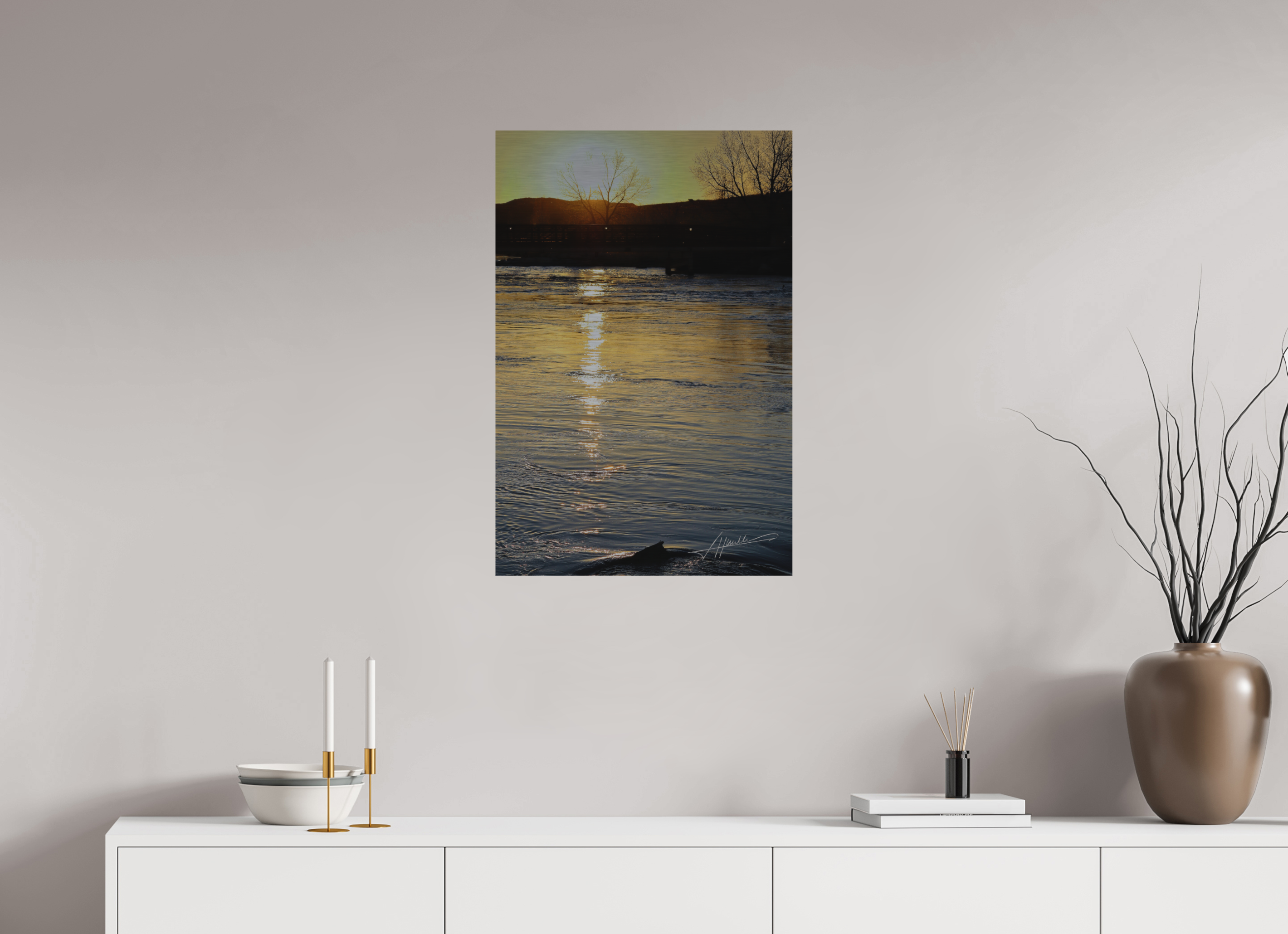 20 x 30″, Direct Brushed Aluminum Sunset on the River