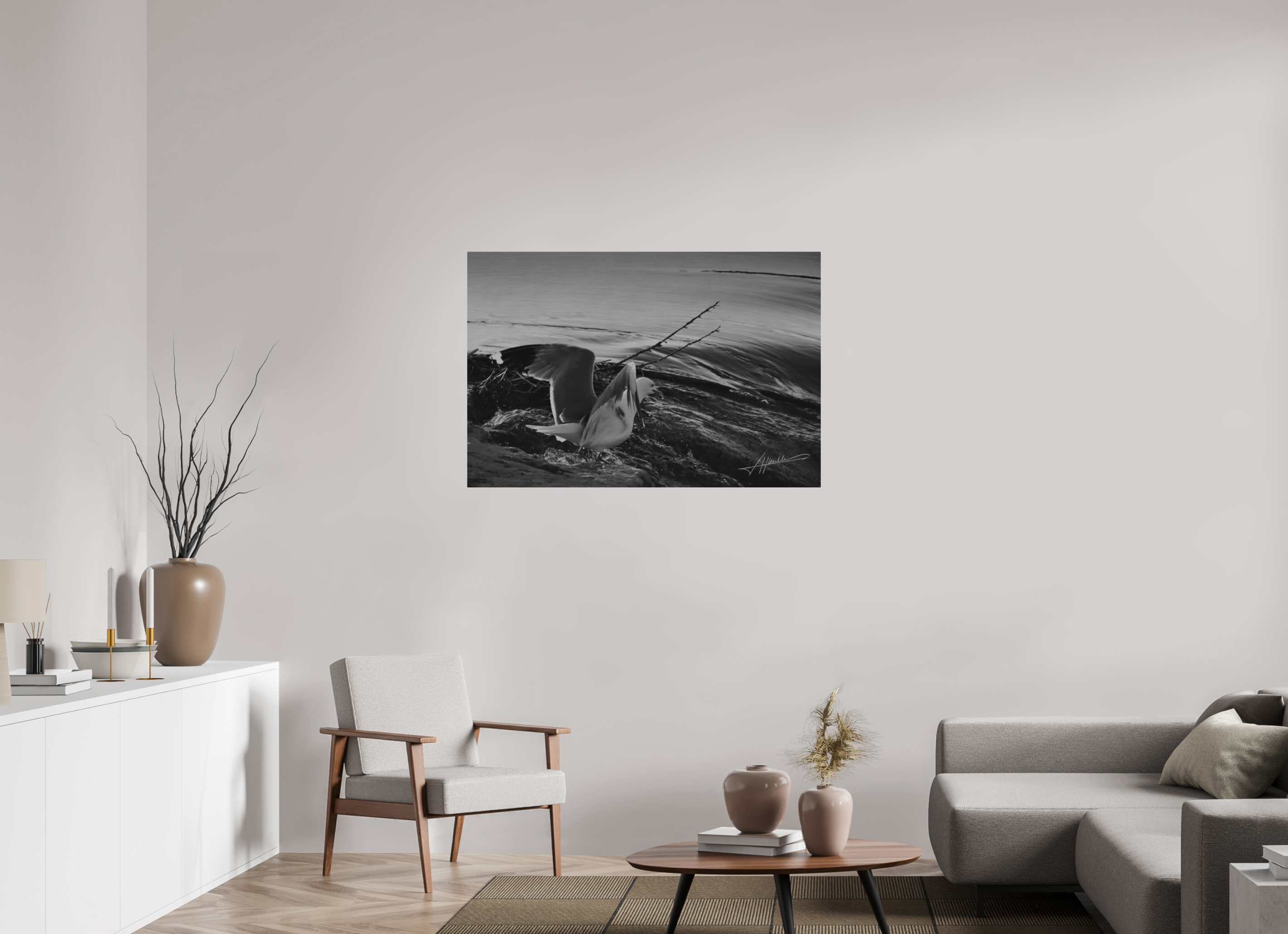 45 x 30″, Direct Brushed Aluminum Seagull Takes Flight