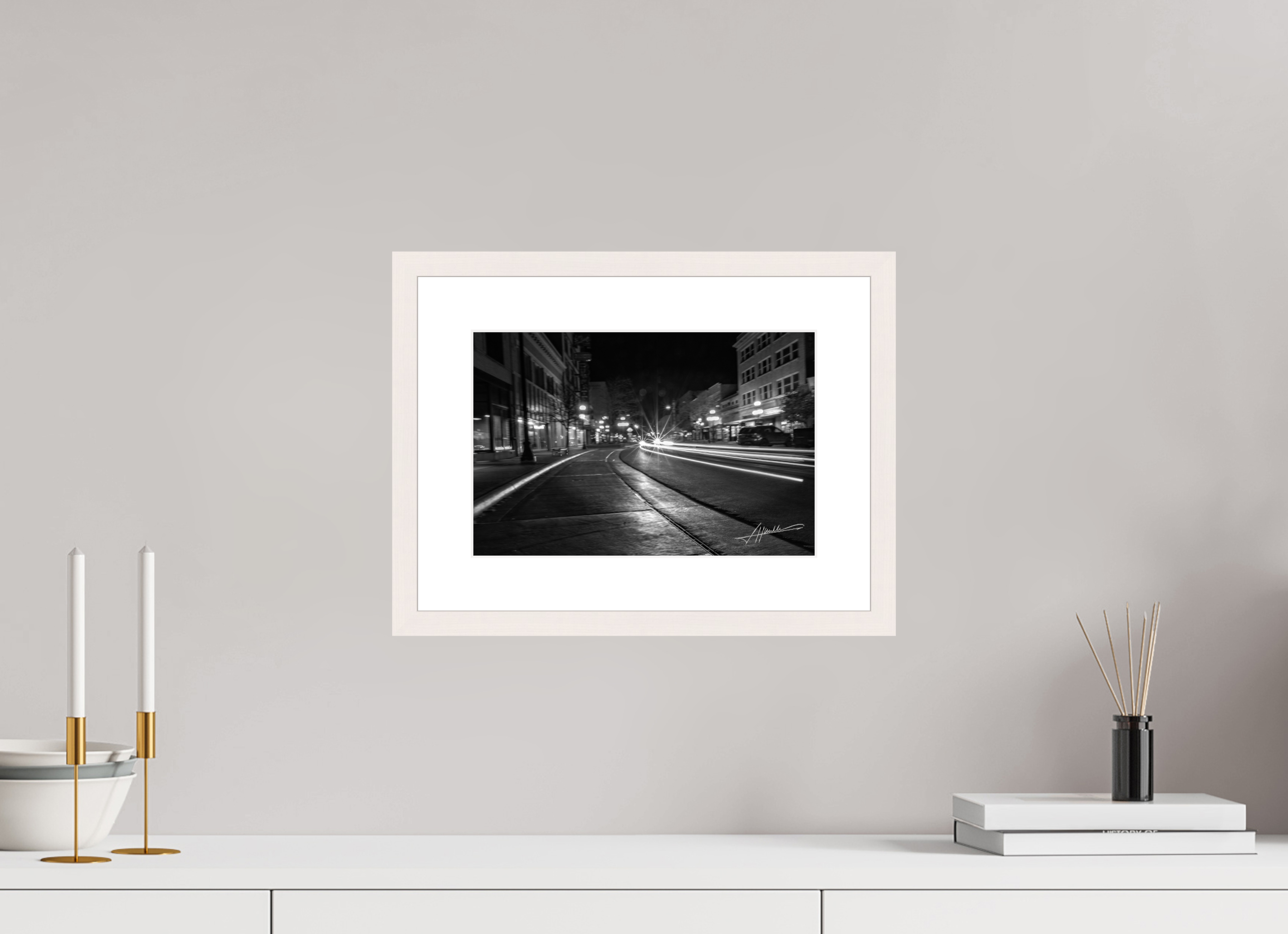 12 x 8″, Solid Wood Frame with Passe-partout A Street at Night