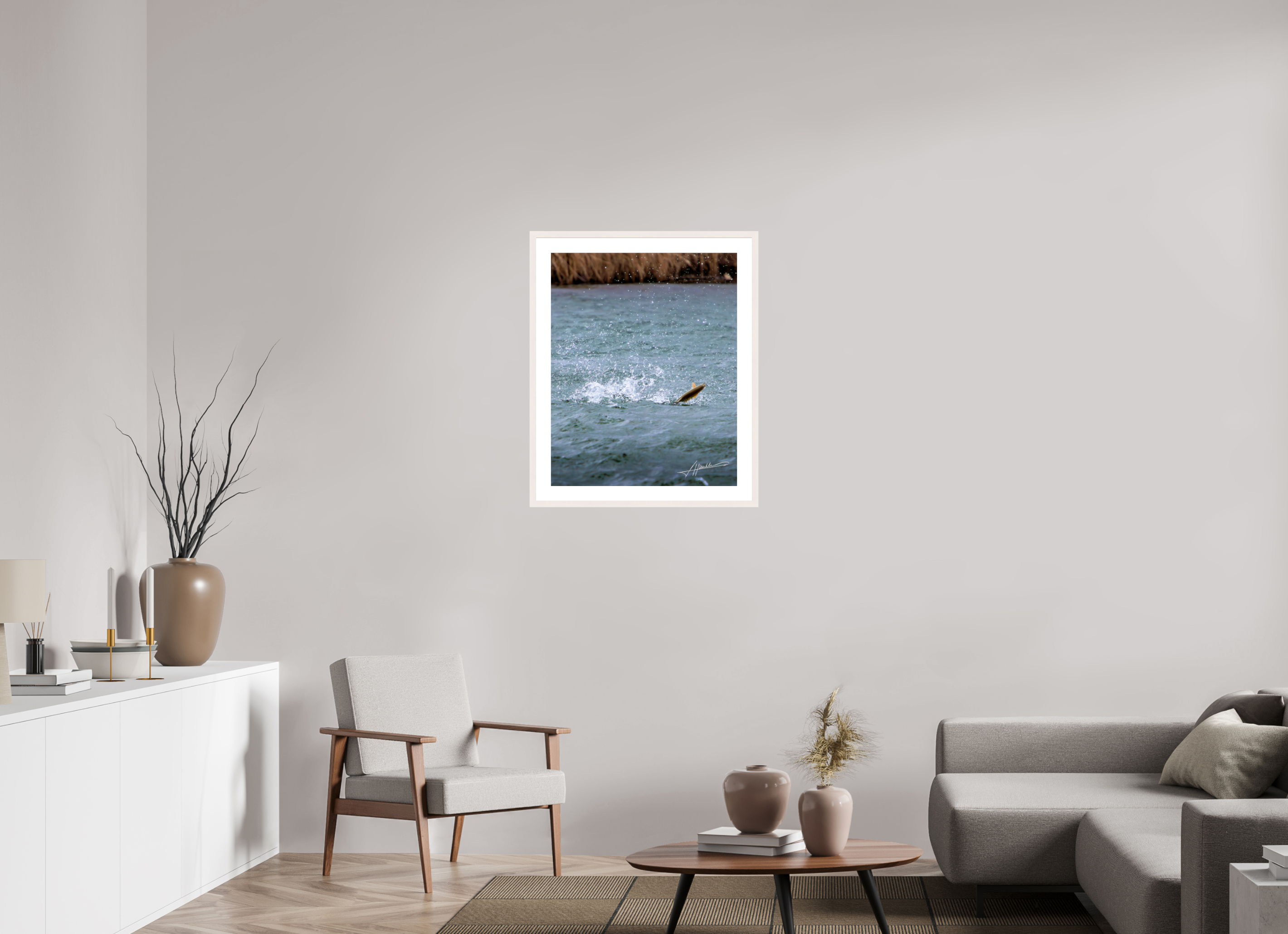 24 x 30″, Solid Wood Frame with Passe-partout Jumping Rainbow Trout