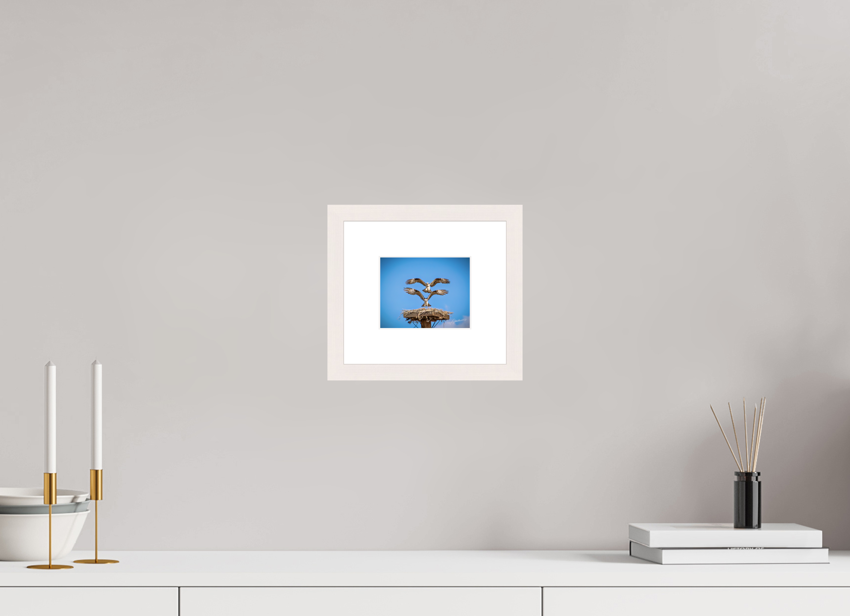 5 x 4″, Solid Wood Frame with Passe-partout Two Osprey Landing