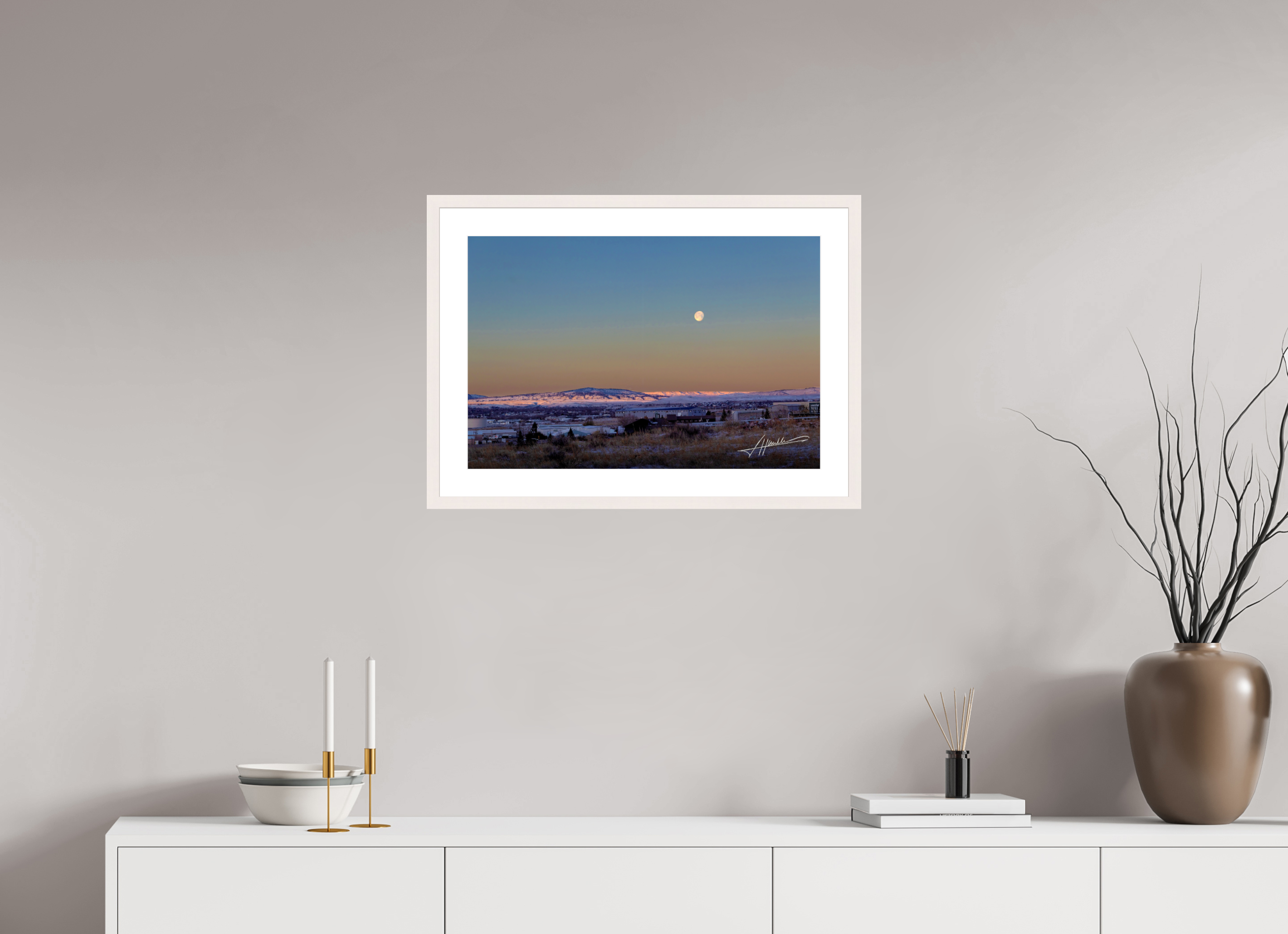 24 x 16″, Solid Wood Frame with Passe-partout Full Moon at Sunrise
