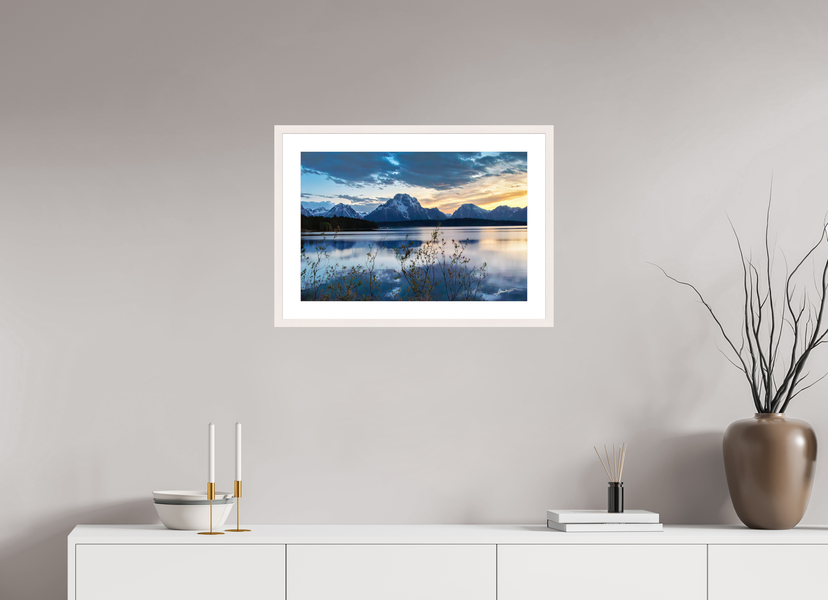 24 x 16″, Solid Wood Frame with Passe-partout Sunset on Jackson Lake