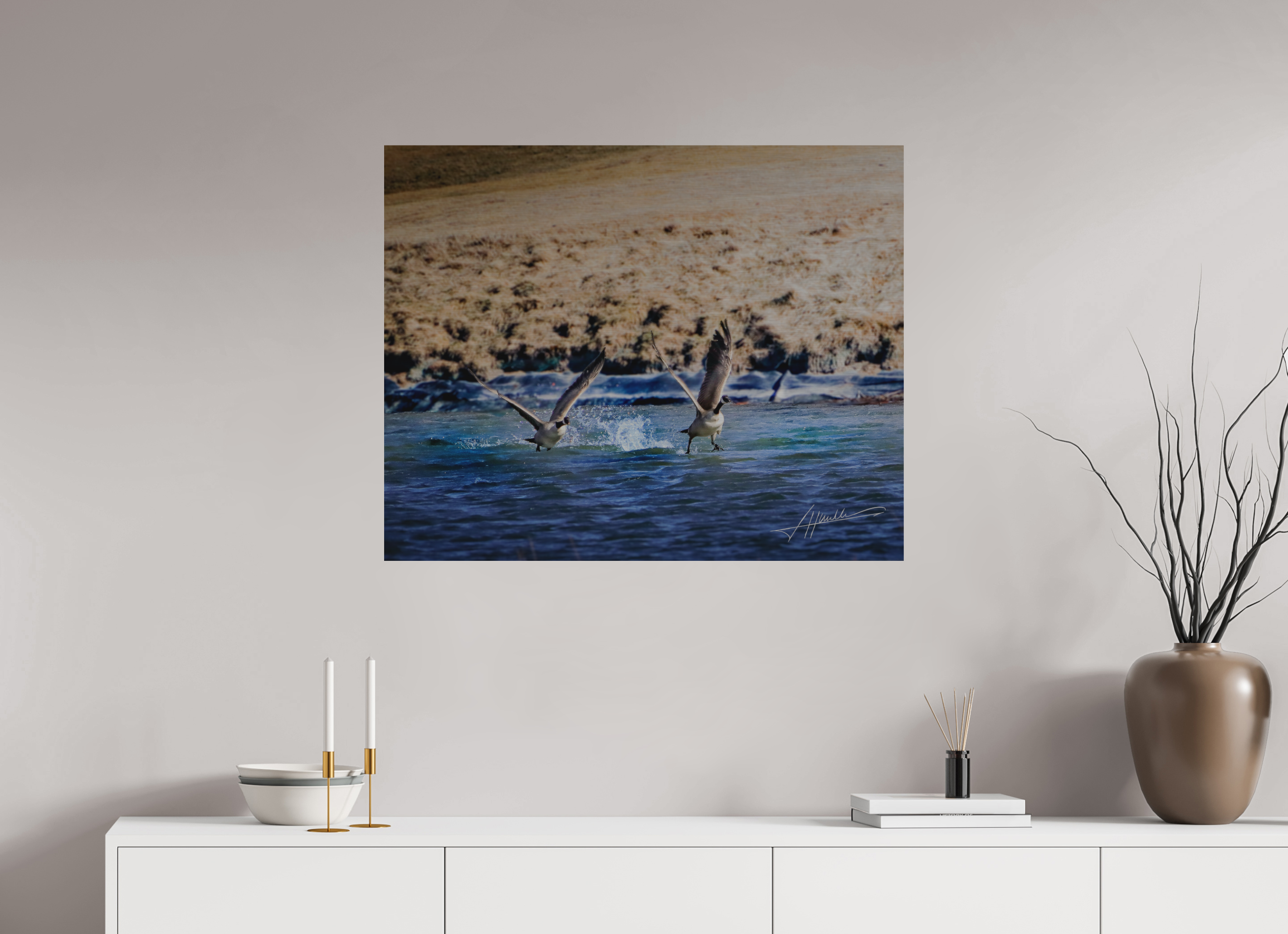 35 x 28″, Direct Brushed Aluminum Geese Taking Flight