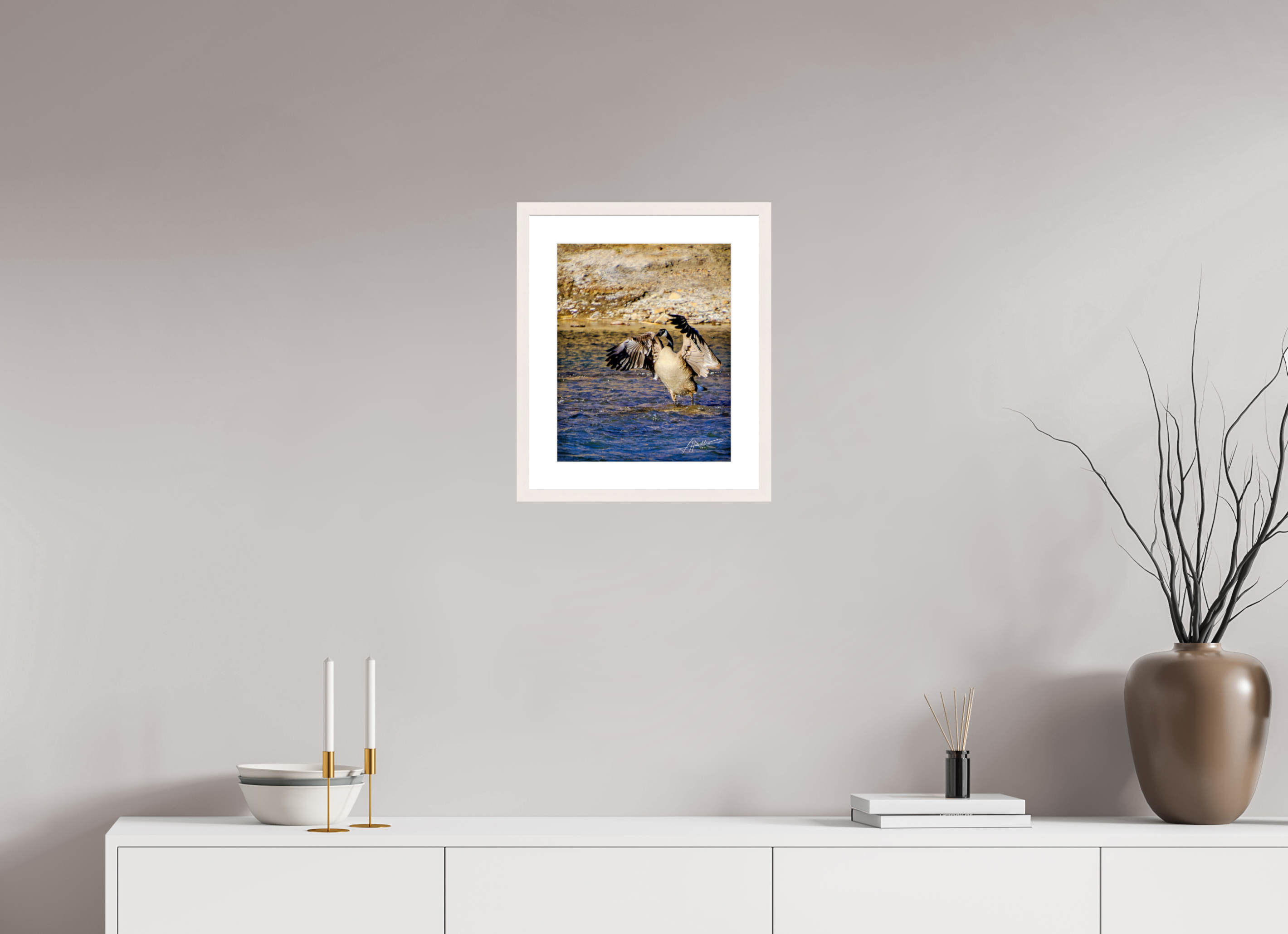 12 x 15″, Solid Wood Frame with Passe-partout The Bathing Goose