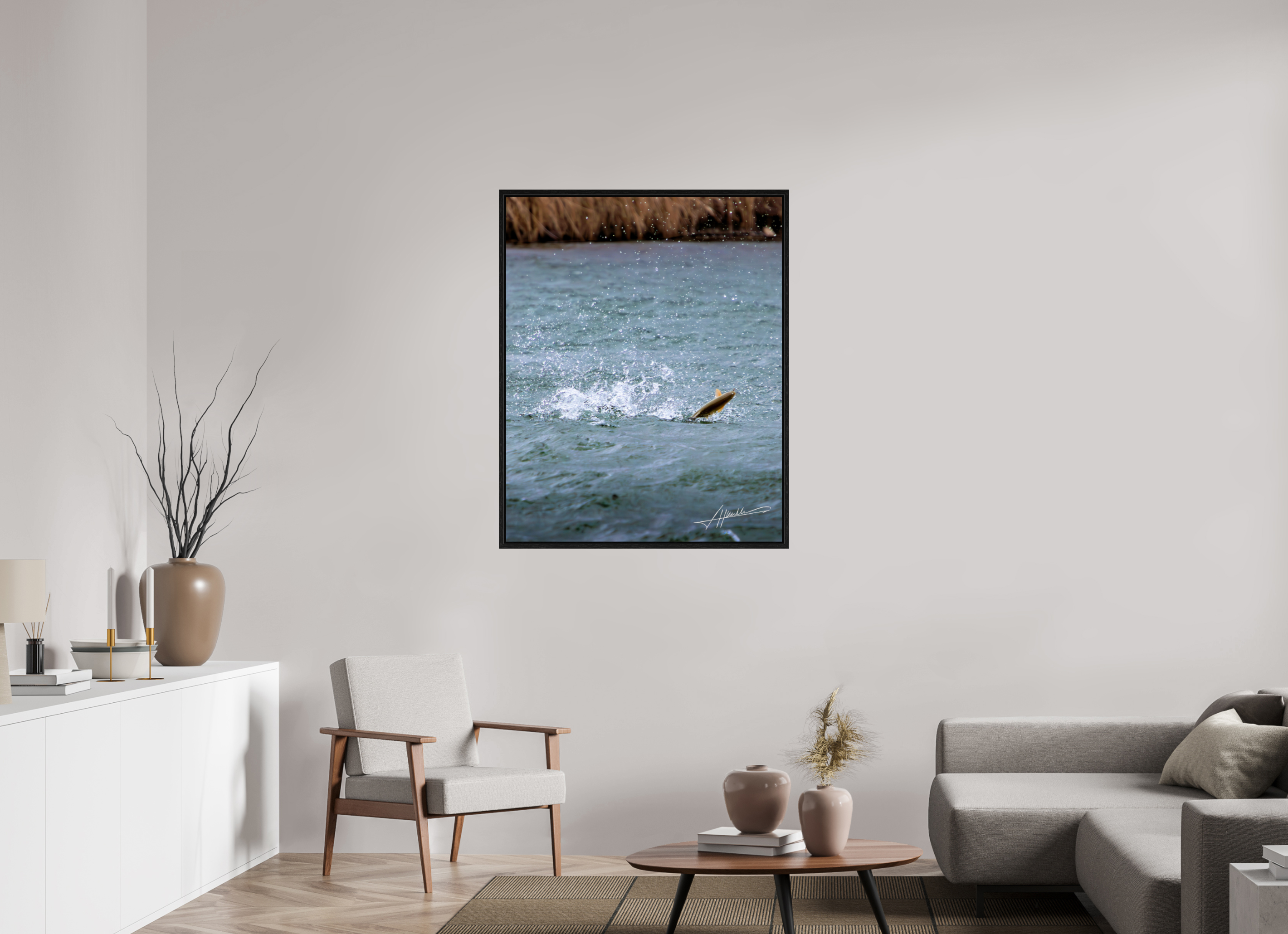 35 x 43.7″, Floater Frame Jumping Rainbow Trout