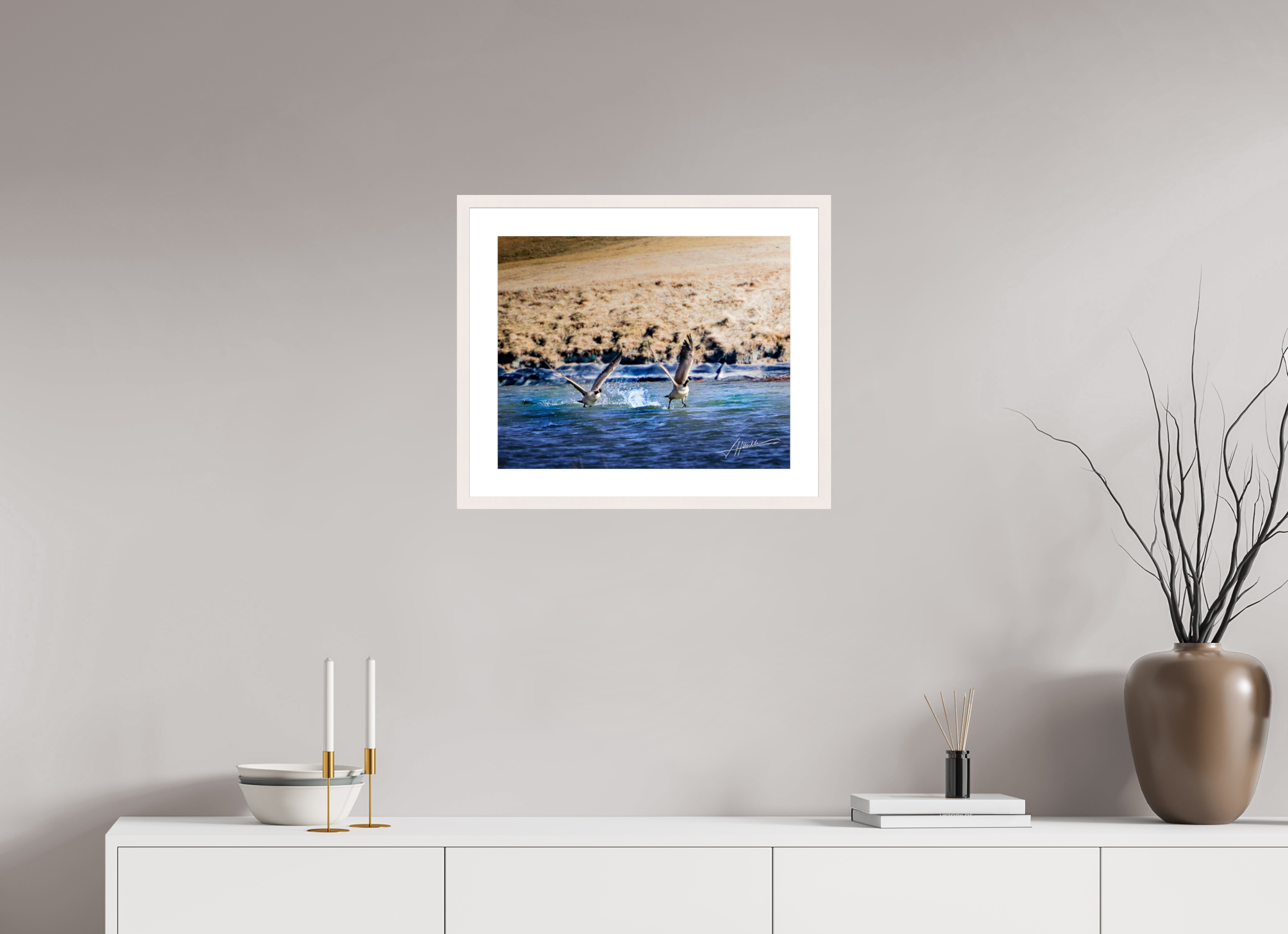 20 x 16″, Solid Wood Frame with Passe-partout Geese Taking Flight